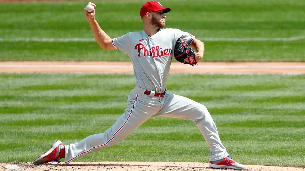 Zach Wheeler pitches in a grey Phillies uniform (red cap) in the 2020 season