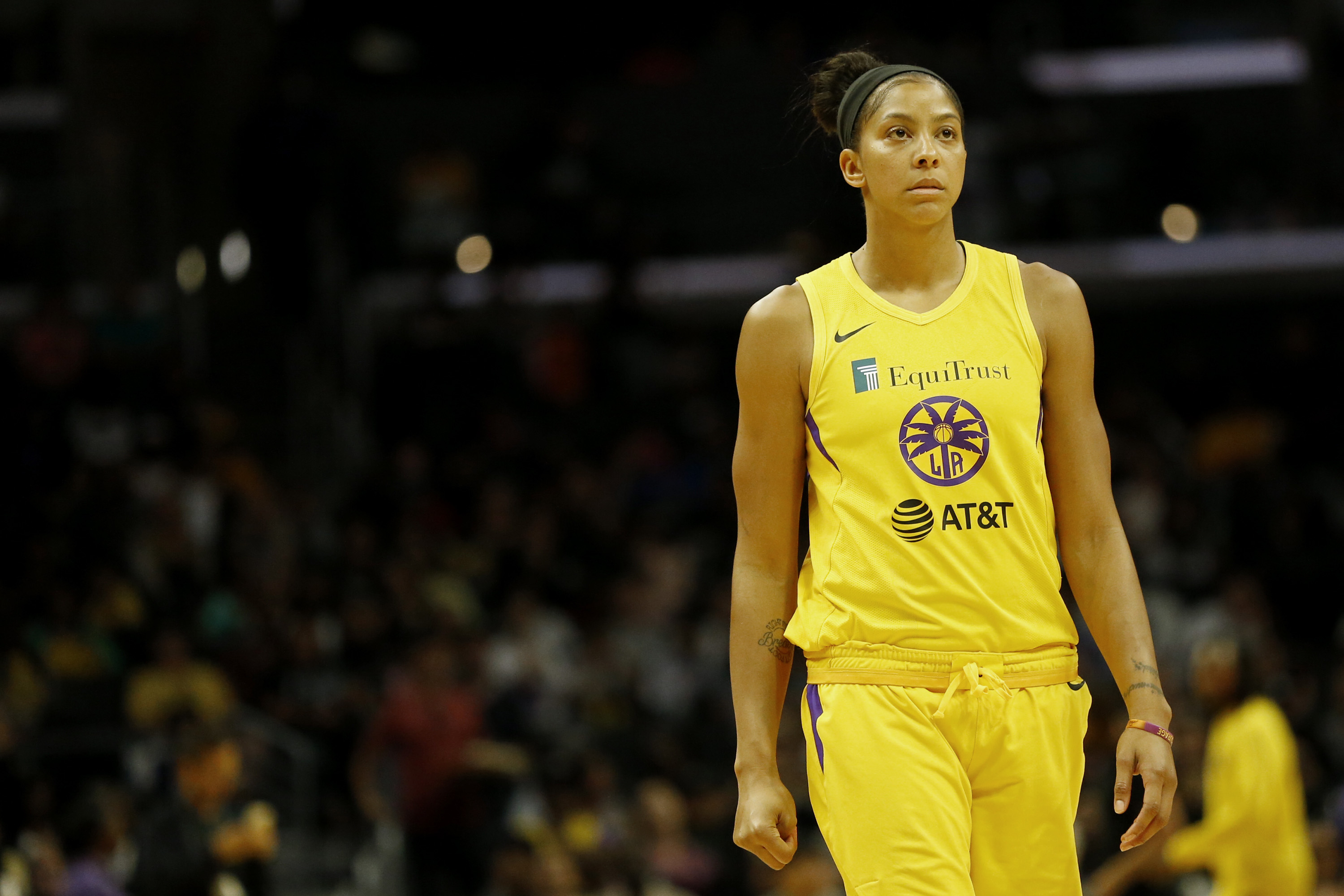 Candace Parker #3 of the Los Angeles Sparks looks on during a game against the Seattle Storm at Staples Center on August 04, 2019 in Los Angeles, California.