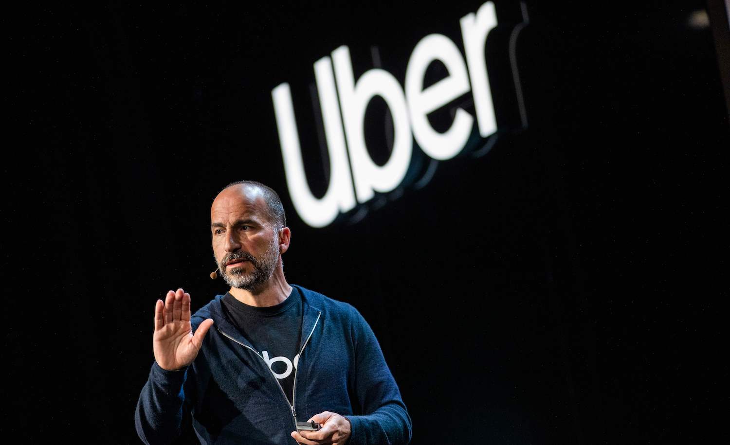 Uber CEO Dara Khosrowshahi addresses the audience during the keynote at the start an Uber products launch in San Francisco, California on September 26, 2019. - Uber on Thursday unveiled a new version of its smartphone app that weaves together services from shared rides to public transit schedules while adding more security features. The upgraded app is intended to let Uber users see, and ideally tap into, the company's array of options for getting around or having restaurant meals delivered. (Photo by Philip Pacheco / AFP) (Photo by PHILIP PACHECO/AFP via Getty Images)