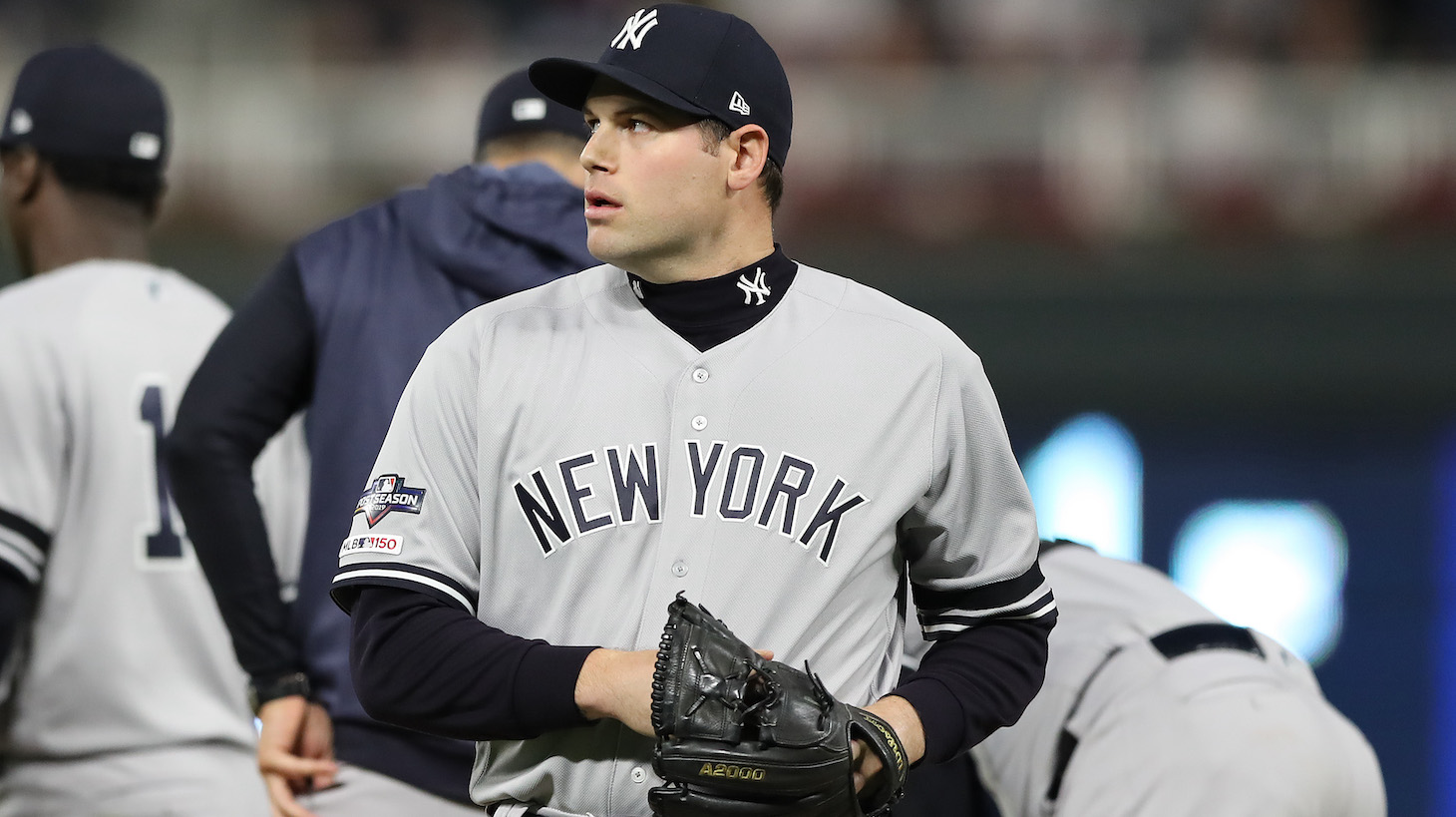 MINNEAPOLIS, MINNESOTA - OCTOBER 07: Adam Ottavino #0 of the New York Yankees is pulled after walking Nelson Cruz #23 of the Minnesota Twins in game three of the American League Division Series at Target Field on October 07, 2019 in Minneapolis, Minnesota. (Photo by Elsa/Getty Images)