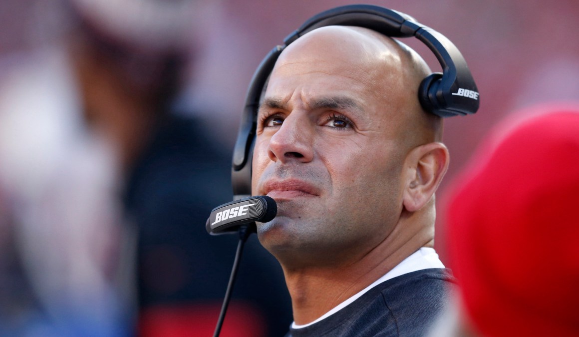 SANTA CLARA, CALIFORNIA - JANUARY 11: Defensive coordinator Robert Saleh of the San Francisco 49ers looks on during the NFC Divisional Round Playoff game against the Minnesota Vikings at Levi's Stadium on January 11, 2020 in Santa Clara, California. (Photo by Lachlan Cunningham/Getty Images)