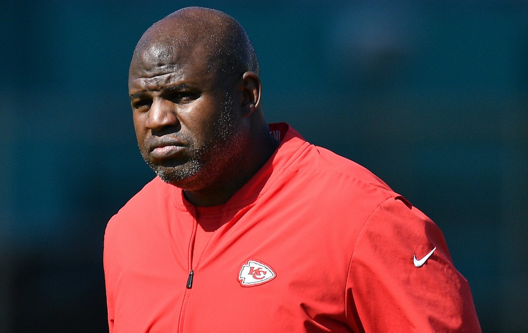 DAVIE, FLORIDA - JANUARY 29: Offensive Coordinatore Eric Bieniemy looks on during the Kansas City Chiefs practice prior to Super Bowl LIV at Baptist Health Training Facility at Nova Southern University on January 29, 2020 in Davie, Florida. (Photo by Mark Brown/Getty Images)