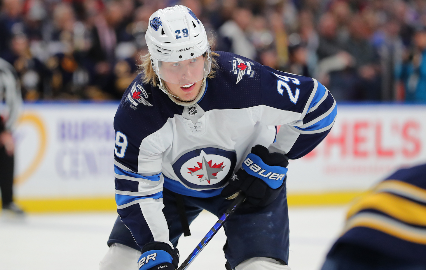 BUFFALO, NY - FEBRUARY 23: Patrik Laine #29 of the Winnipeg Jets during a game against the Buffalo Sabres at KeyBank Center on February 23, 2020 in Buffalo, New York. (Photo by Timothy T Ludwig/Getty Images)