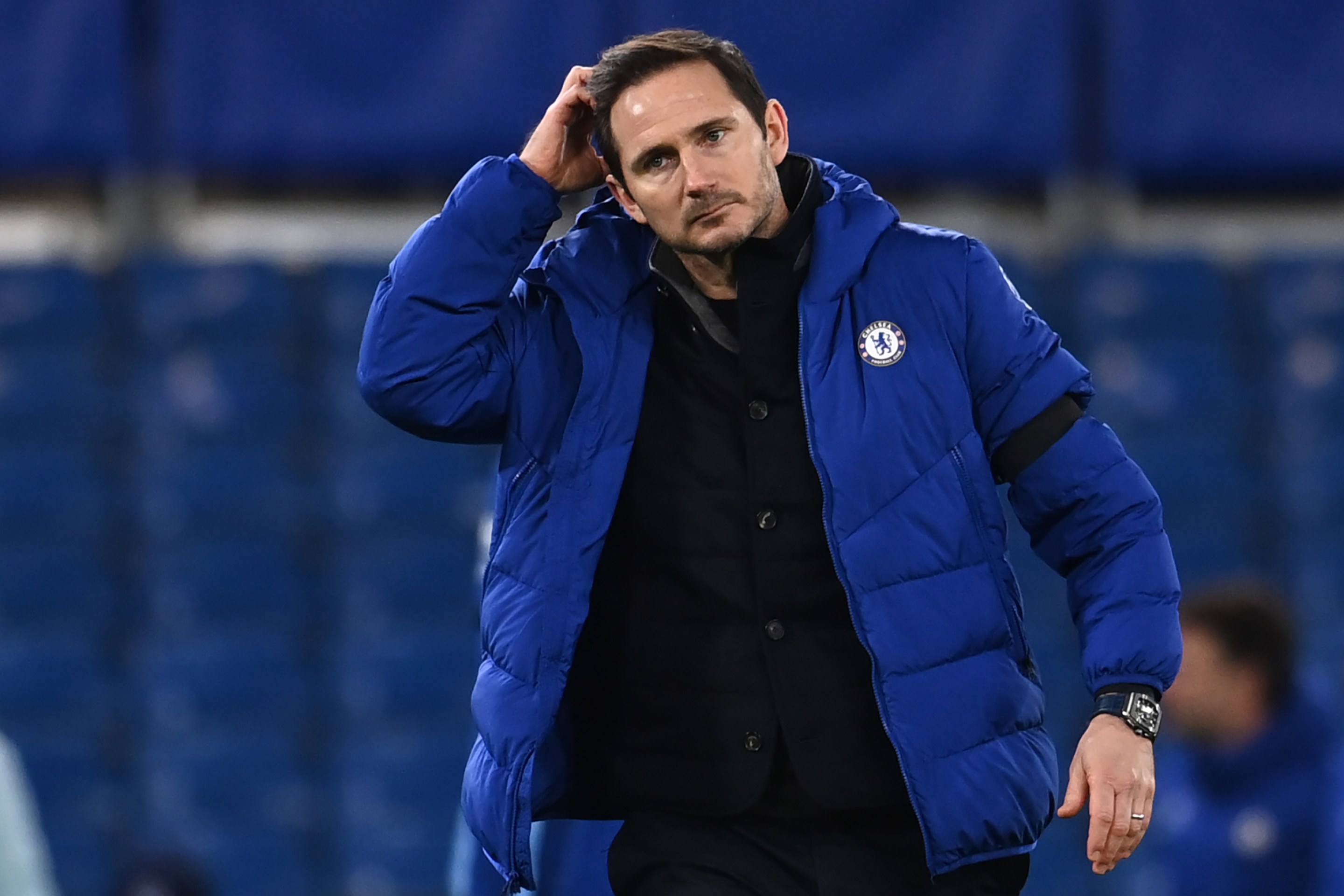 Chelsea's English head coach Frank Lampard reacts to their defeat on the pitch after the English Premier League football match between Chelsea and Manchester City at Stamford Bridge in London on January 3, 2021.