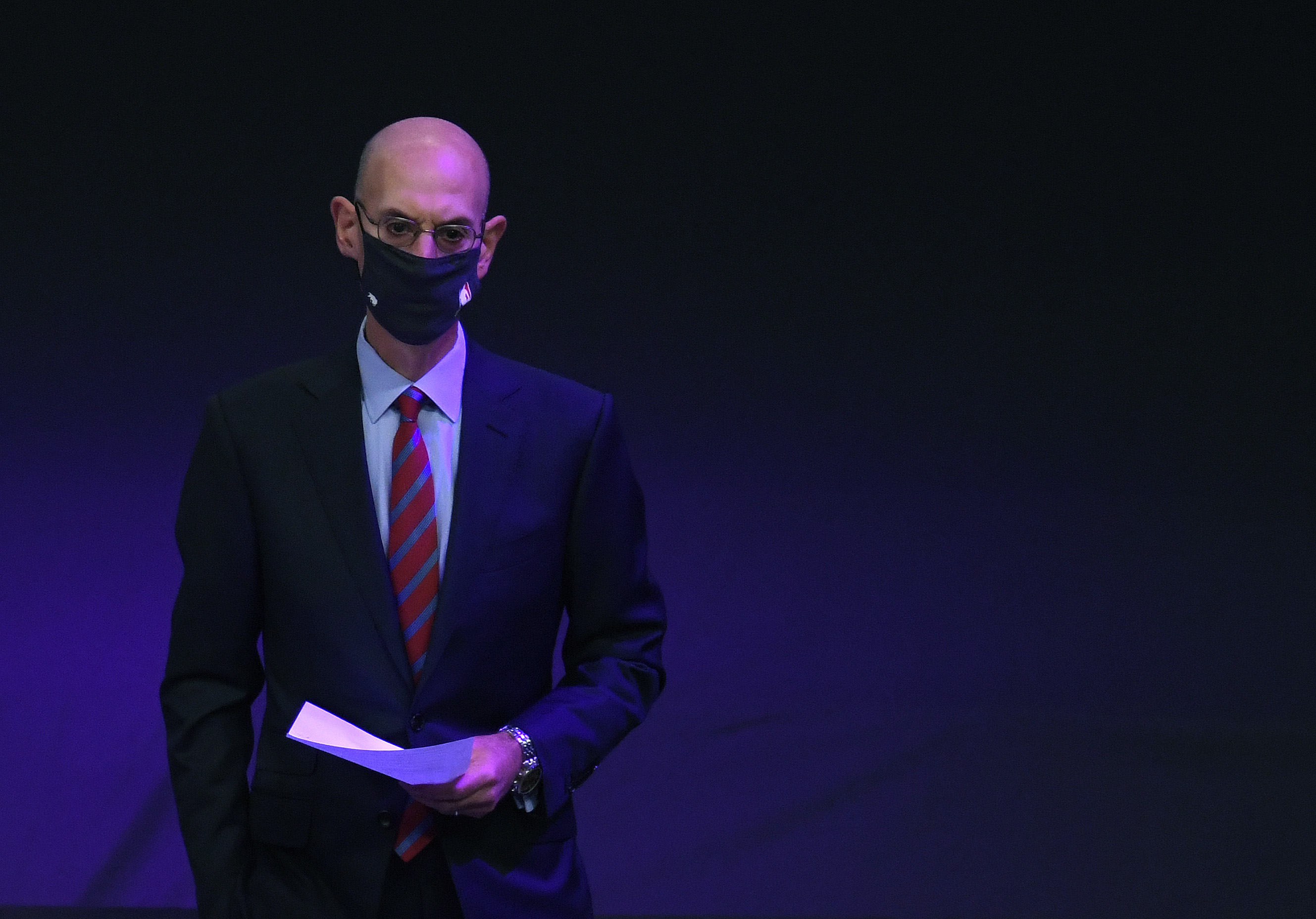 NBA Commissioner Adam Silver waits to speak at the Los Angeles Lakers championship ring ceremony before the season opening game against the LA Clippers at Staples Center on December 22, 2020 in Los Angeles, California.