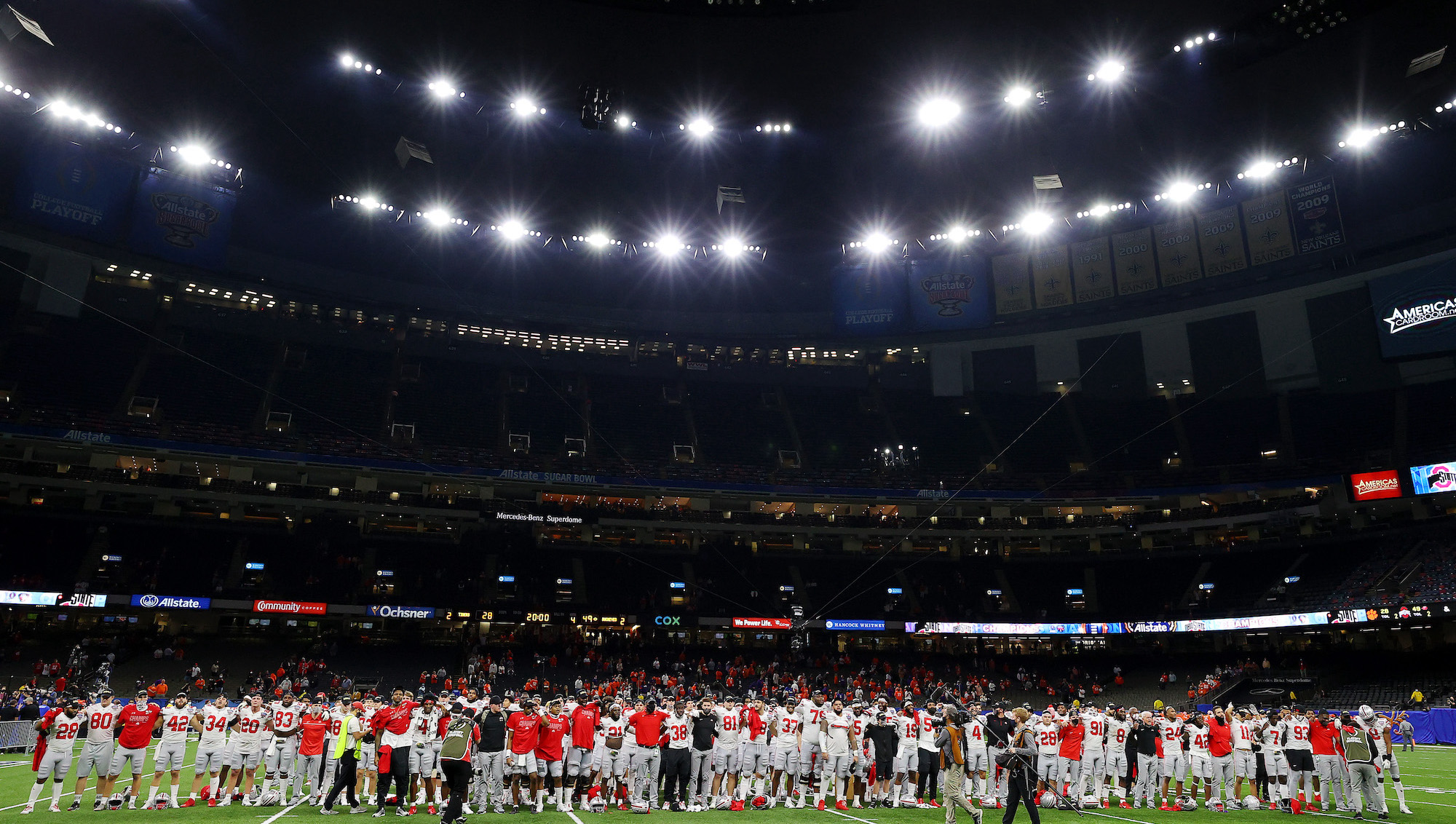 NEW ORLEANS, LOUISIANA - JANUARY 01: The Ohio State Buckeyes celebrate after defeating the Clemson Tigers 49-28 during the College Football Playoff semifinal game at the Allstate Sugar Bowl at Mercedes-Benz Superdome on January 01, 2021 in New Orleans, Louisiana. (Photo by Kevin C. Cox/Getty Images)