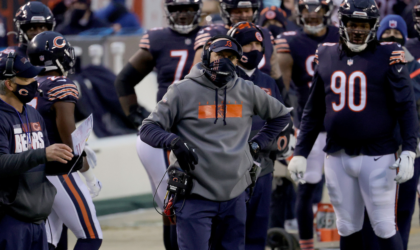 CHICAGO, ILLINOIS - JANUARY 03: Head coach Matt Nagy of the Chicago Bears looks on from the sidelines against the Green Bay Packers during the first quarter in the game at Soldier Field on January 03, 2021 in Chicago, Illinois. (Photo by Jonathan Daniel/Getty Images)