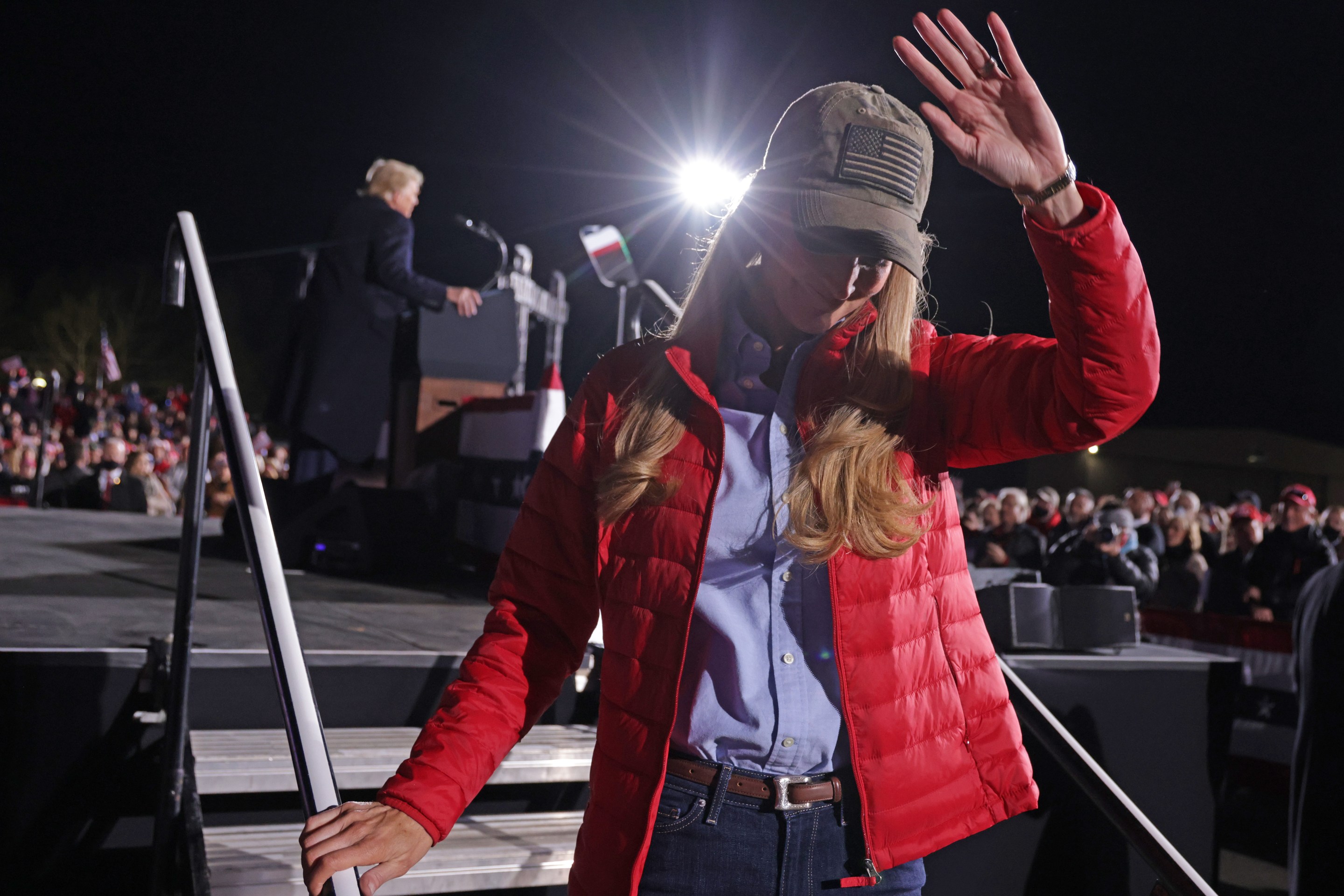 U.S. Sen. Kelly Loeffler (R-GA) steps off the stage after she spoke during a Republican National Committee Victory Rally at Dalton Regional Airport January 4, 2021 in Dalton, Georgia. President Trump campaigned for the two incumbents, Sen. David Perdue (R-GA) and Sen. Kelly Loeffler (R-GA), for runoff elections in Georgia.