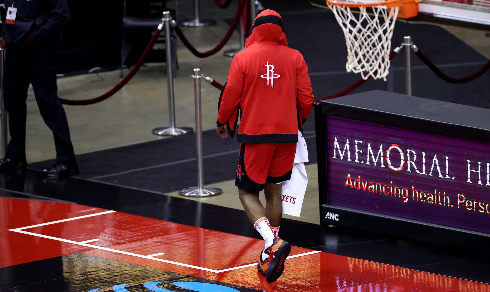 HOUSTON, TEXAS - JANUARY 10: James Harden #13 of the Houston Rockets leaves the court following the 120 -102 loss to the Los Angeles Lakers at Toyota Center on January 10, 2021 in Houston, Texas. NOTE TO USER: User expressly acknowledges and agrees that, by downloading and or using this photograph, User is consenting to the terms and conditions of the Getty Images License Agreement. (Photo by Carmen Mandato/Getty Images)