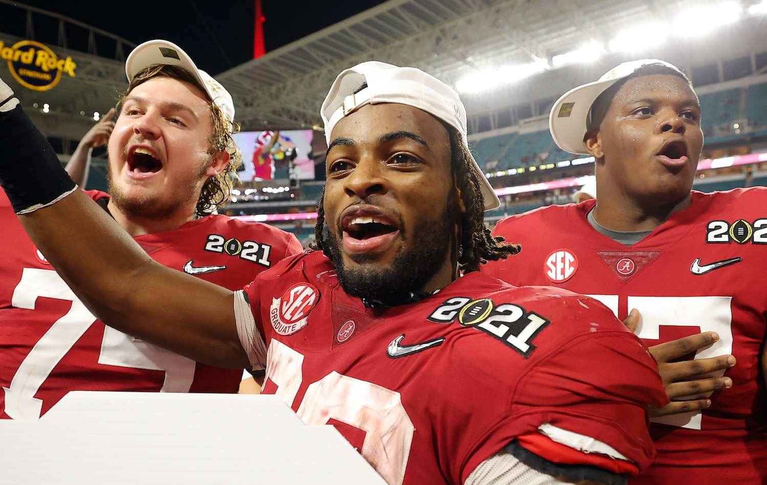 MIAMI GARDENS, FLORIDA - JANUARY 11: Najee Harris #22 of the Alabama Crimson Tide celebrates following the College Football Playoff National Championship game win over the Ohio State Buckeyes at Hard Rock Stadium on January 11, 2021 in Miami Gardens, Florida. (Photo by Kevin C. Cox/Getty Images)