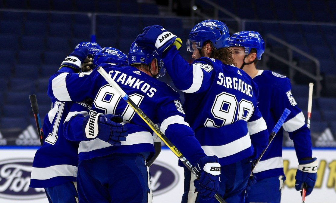 Brayden Point #21 of the Tampa Bay Lightning celebrates a goal