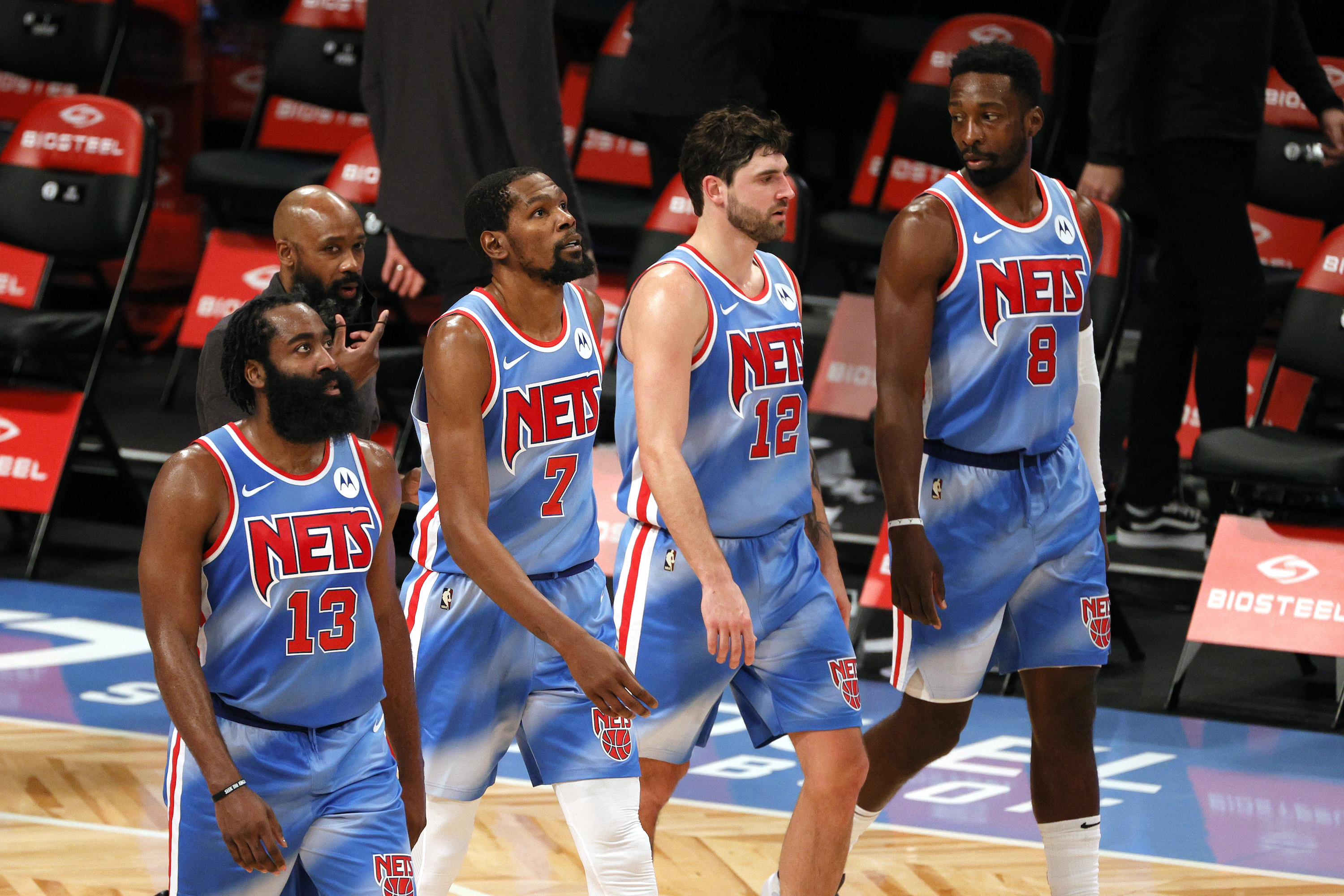 James Harden #13, Kevin Durant #7, Joe Harris #12, and Jeff Green #8 of the Brooklyn Nets walk onto the court during the second half against the Orlando Magic at Barclays Center on January 16, 2021 in the Brooklyn borough of New York City. The Nets won 122-115. James Harden #13, Kevin Durant #7, Joe Harris #12, and Jeff Green #8 of the Brooklyn Nets walk onto the court during the second half against the Orlando Magic at Barclays Center on January 16, 2021 in the Brooklyn borough of New York City.