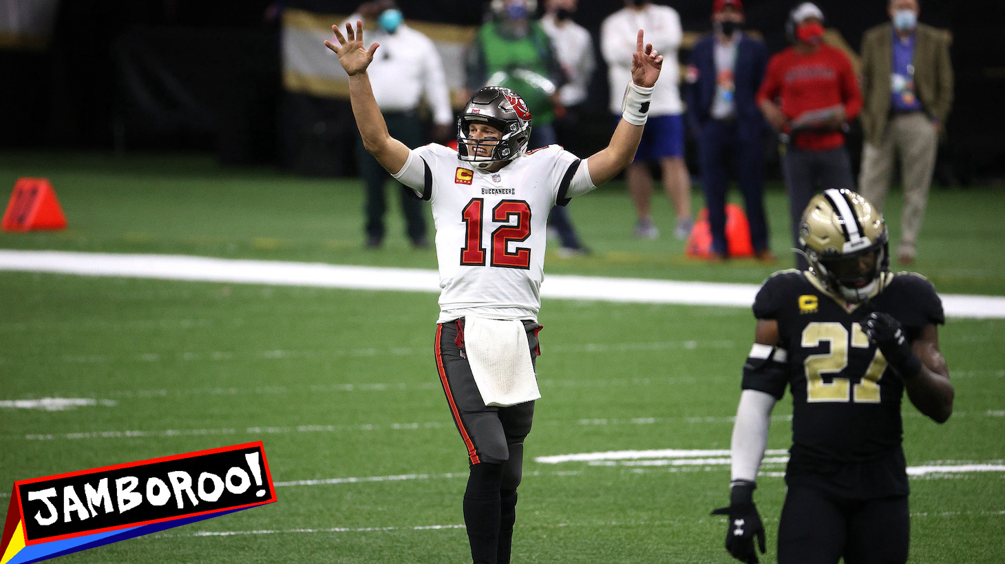 NEW ORLEANS, LOUISIANA - JANUARY 17: Tom Brady #12 of the Tampa Bay Buccaneers celebrates a first down against the New Orleans Saints late in the fourth quarter in the NFC Divisional Playoff game at Mercedes Benz Superdome on January 17, 2021 in New Orleans, Louisiana. (Photo by Chris Graythen/Getty Images)