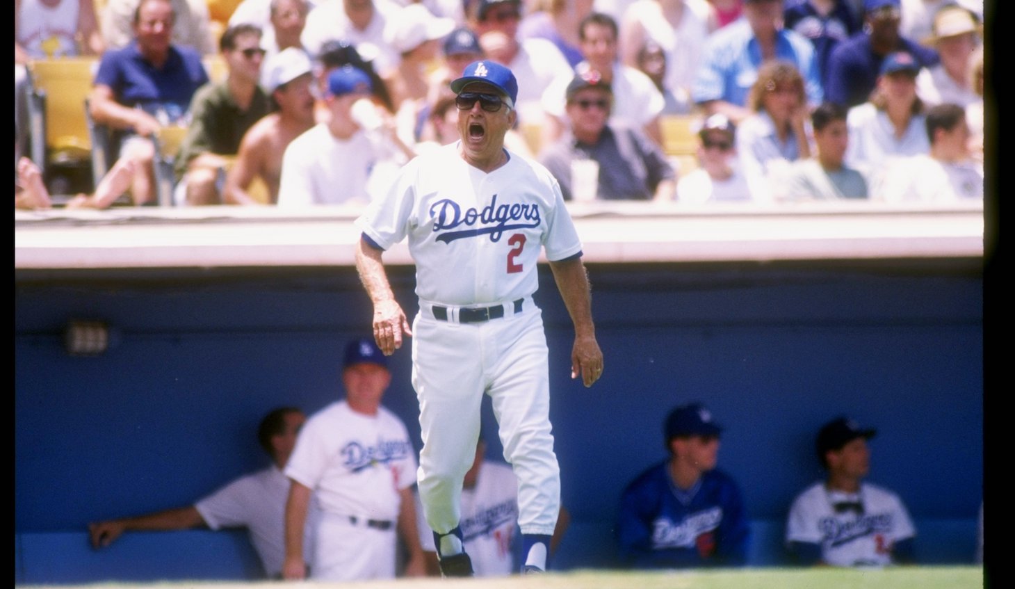 7 Jul 1991: Los Angeles Dodgers manager Tommy Lasorda yells during a game against the Atlanta Braves at Dodger Stadium in Los Angeles, California. Mandatory Credit: