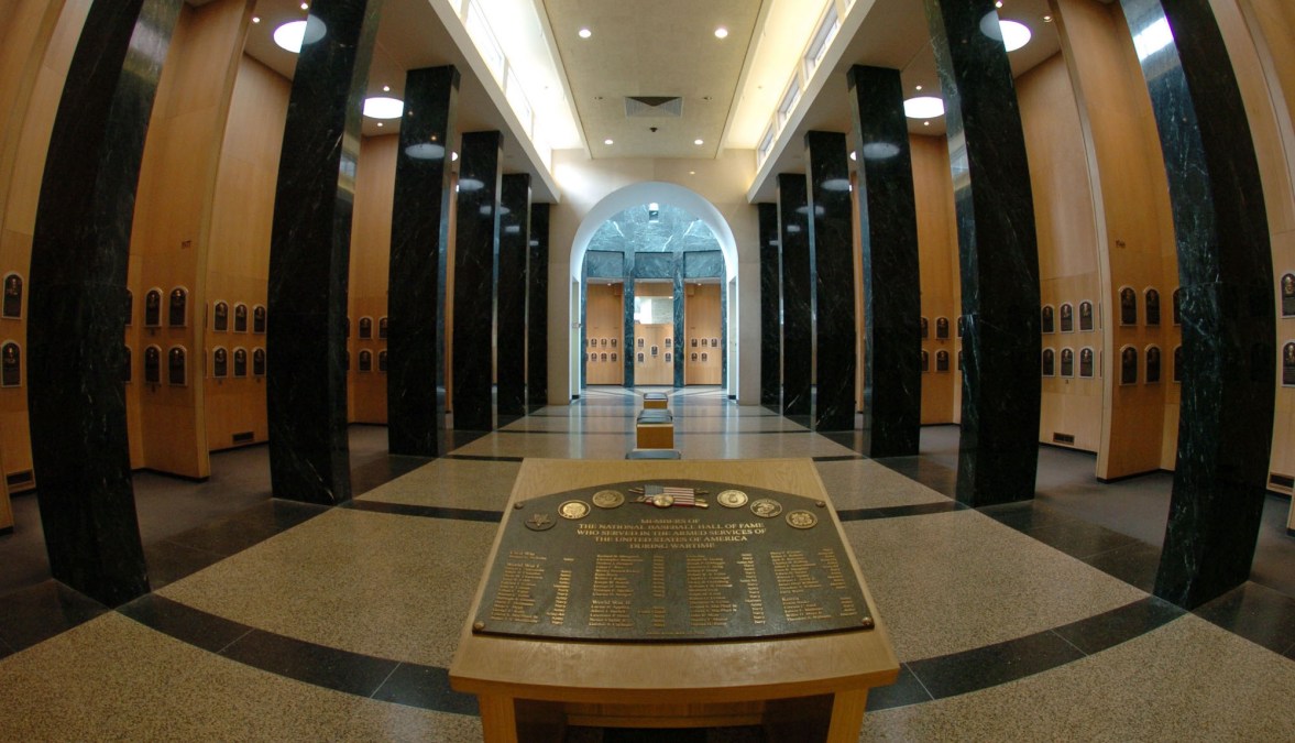 Plaques in the main hallway identify inductee classes in the Baseball Hall of Fame and Museum July 25, 2004 in Cooperstown, New York. (Photo by A. Messerschmidt/Getty Images) *** Local Caption ***