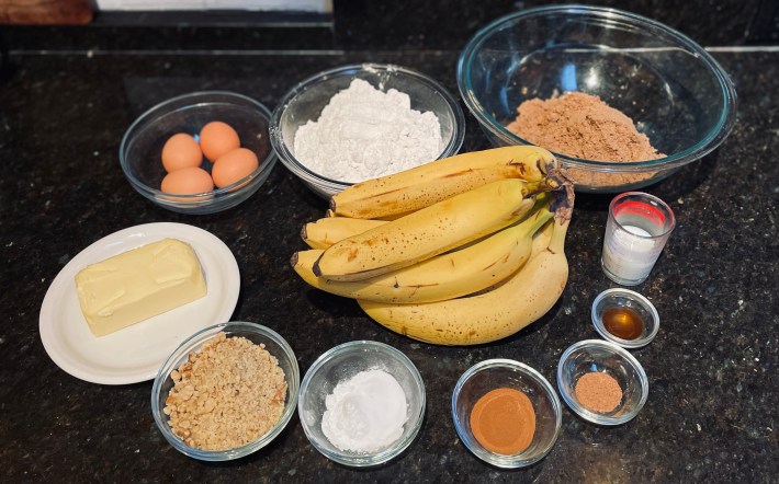 Banana bread ingredients on a countertop