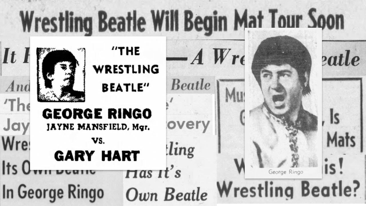 A collage of newspaper headlines about George Ringo, the Wrestling Beatle. Overlaid with them is a photo of George Ringo from the Los Angeles Times, and another of a poster from an advertisement that says George Ringo, with Jayne Mansfield, manager, vs. Gary Hart