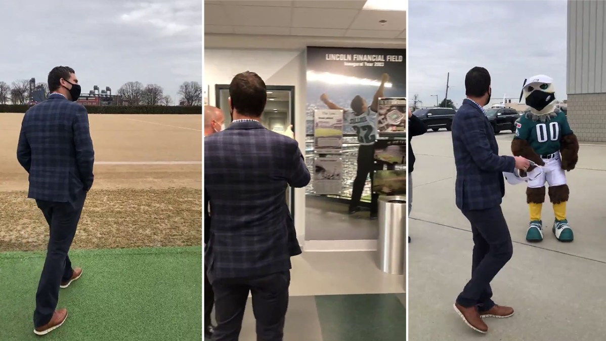 Three screenshots of Nick Sirianni: Him looking out onto a football field, him looking at a photo fo Sylvester Stallone in an Eagles jersey, and him looking at Swoop, Eagles mascot