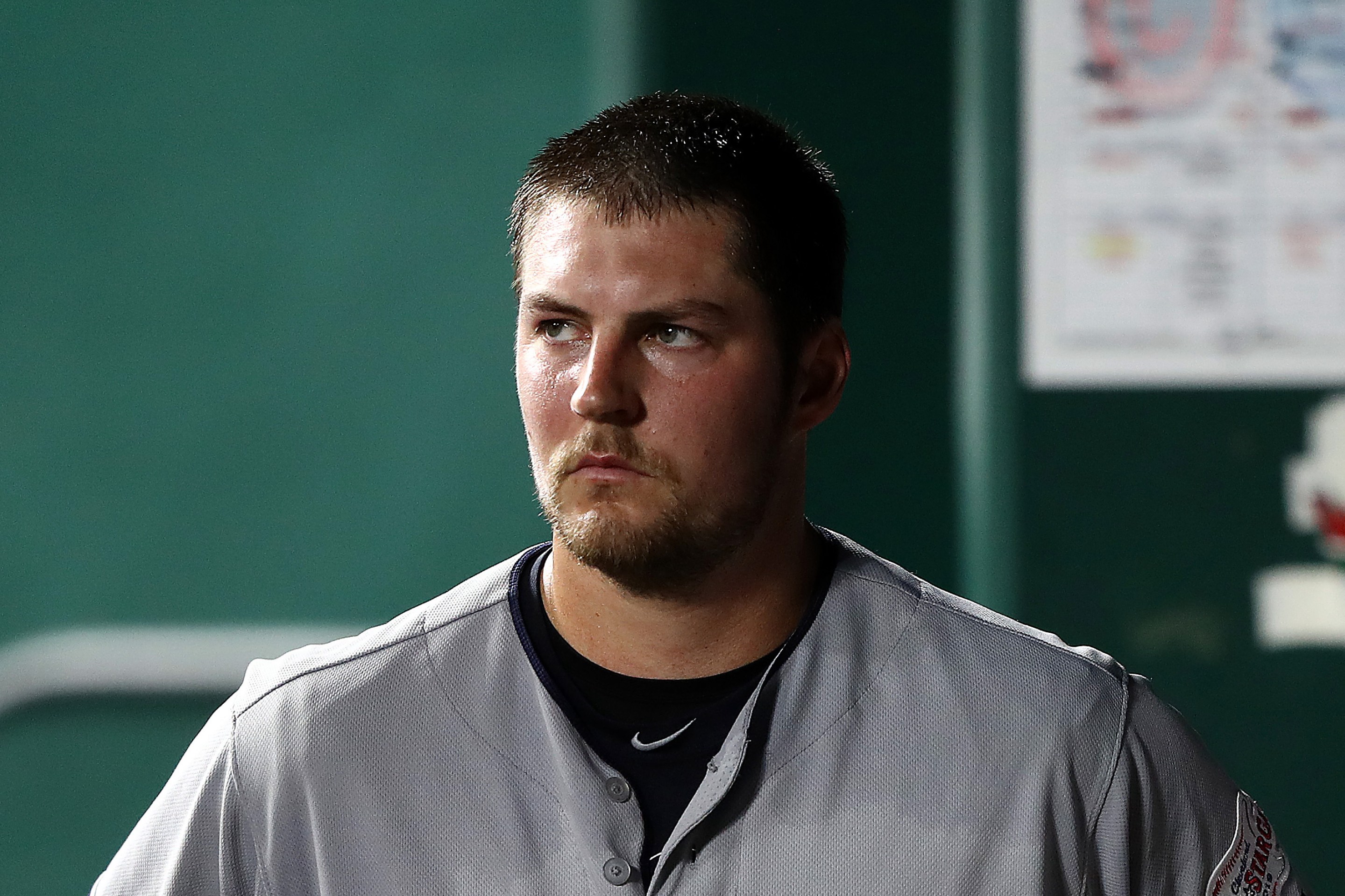 KANSAS CITY, MISSOURI - JULY 02: Starting pitcher Trevor Bauer #47 of the Cleveland Indians watches from the dugout after leaving the game during the 7th inning of the game against the Kansas City Royals at Kauffman Stadium on July 02, 2019 in Kansas City, Missouri. (Photo by Jamie Squire/Getty Images)