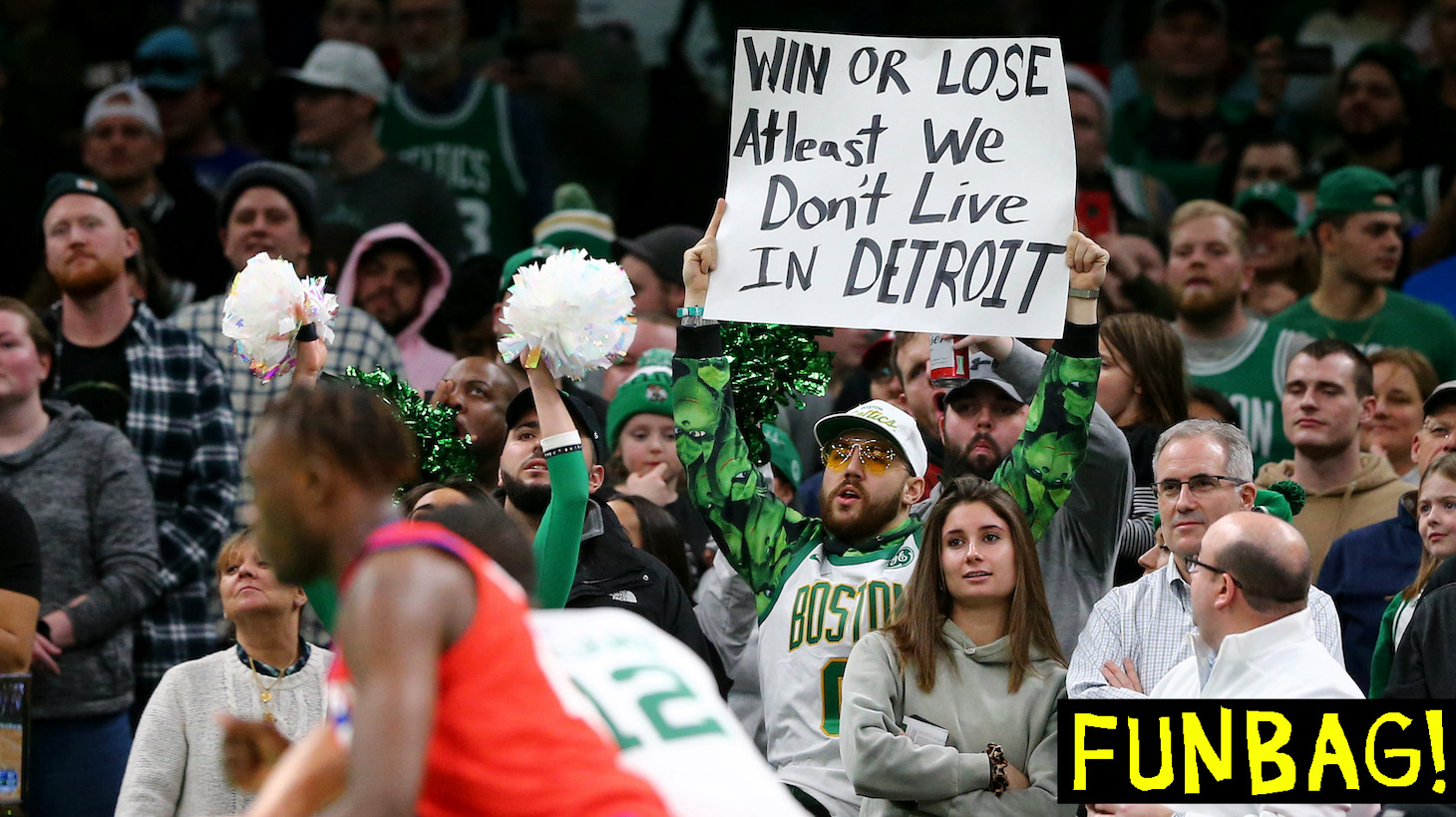 BOSTON, MASSACHUSETTS - DECEMBER 20: A Boston Celtics fan holds a sign during the game against the Detroit Pistons at TD Garden on December 20, 2019 in Boston, Massachusetts. The Celtics defeat the Pistons 114-93. NOTE TO USER: User expressly acknowledges and agrees that, by downloading and or using this photograph, User is consenting to the terms and conditions of the Getty Images License Agreement. (Photo by Maddie Meyer/Getty Images)