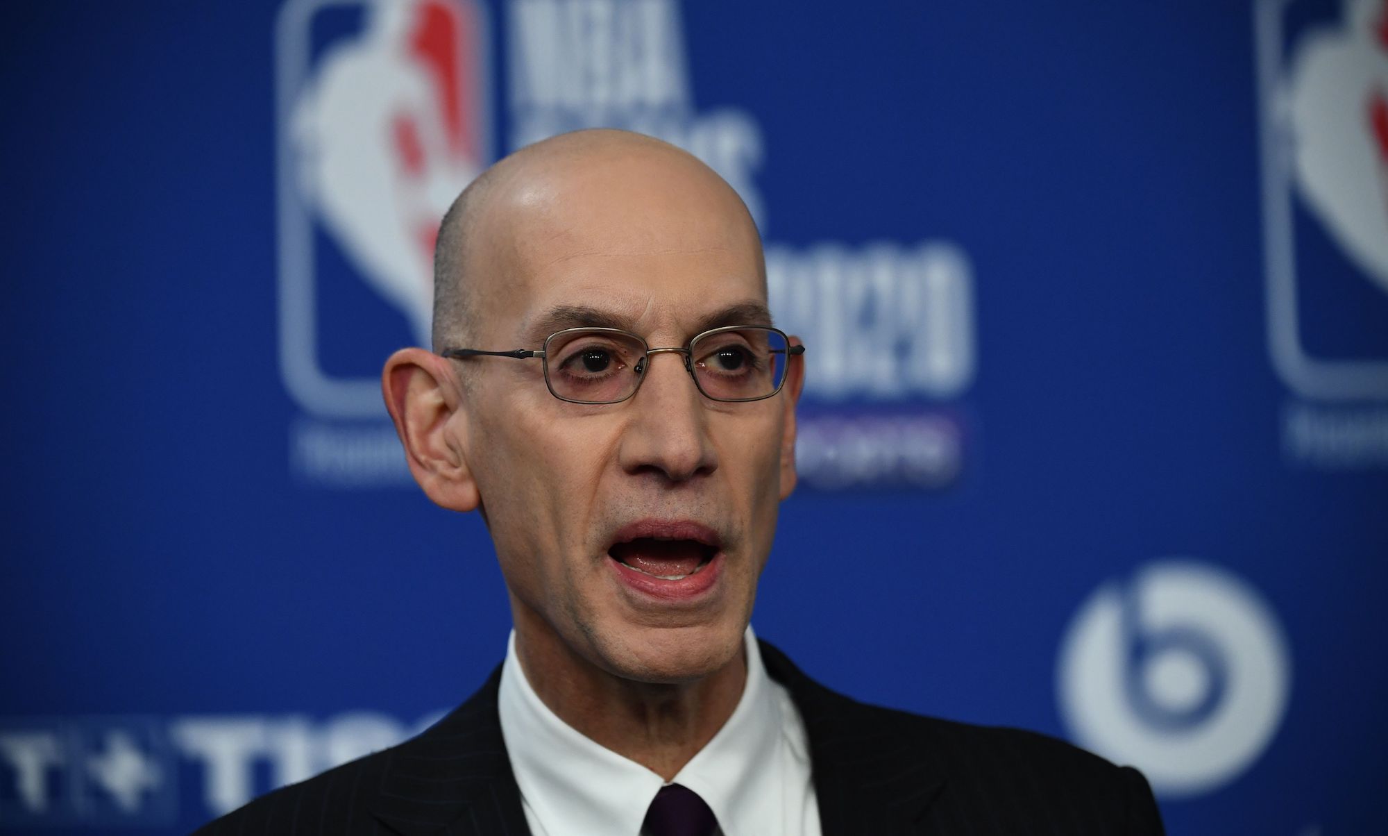 NBA commissioner Adam Silver gestures as he addresses a press conference ahead of the NBA basketball match between Milwaukee Bucks and Charlotte Hornets at The AccorHotels Arena in Paris on January 24, 2020. (Photo by FRANCK FIFE / AFP) (Photo by FRANCK FIFE/AFP via Getty Images)