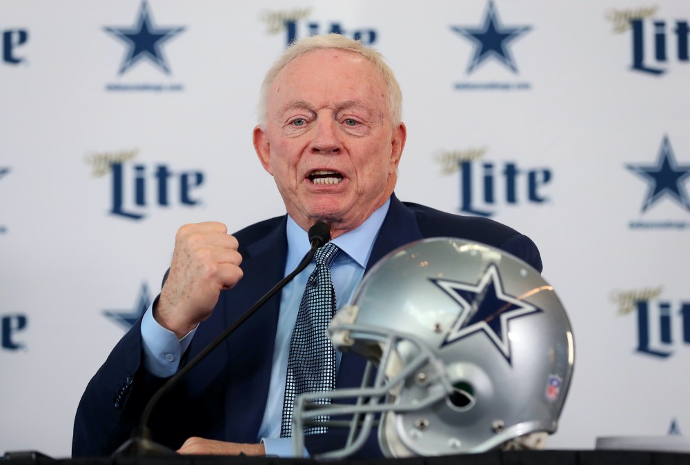 Team owner Jerry Jones of the Dallas Cowboys talks with the media during a press conference at the Ford Center at The Star on January 08, 2020 in Frisco, Texas.