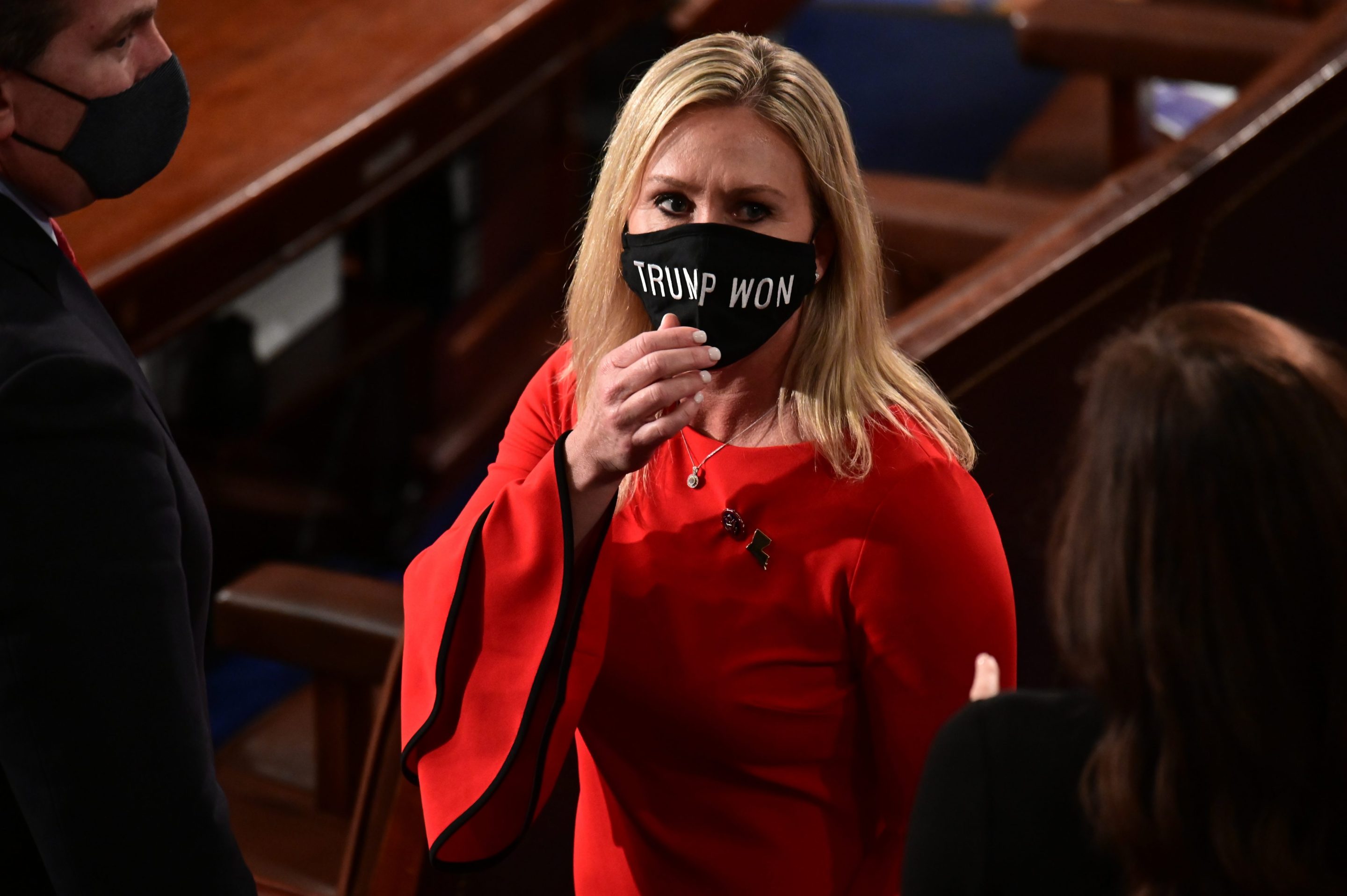 Georgia Rep. Marjorie Taylor Greene, looking for a camera.