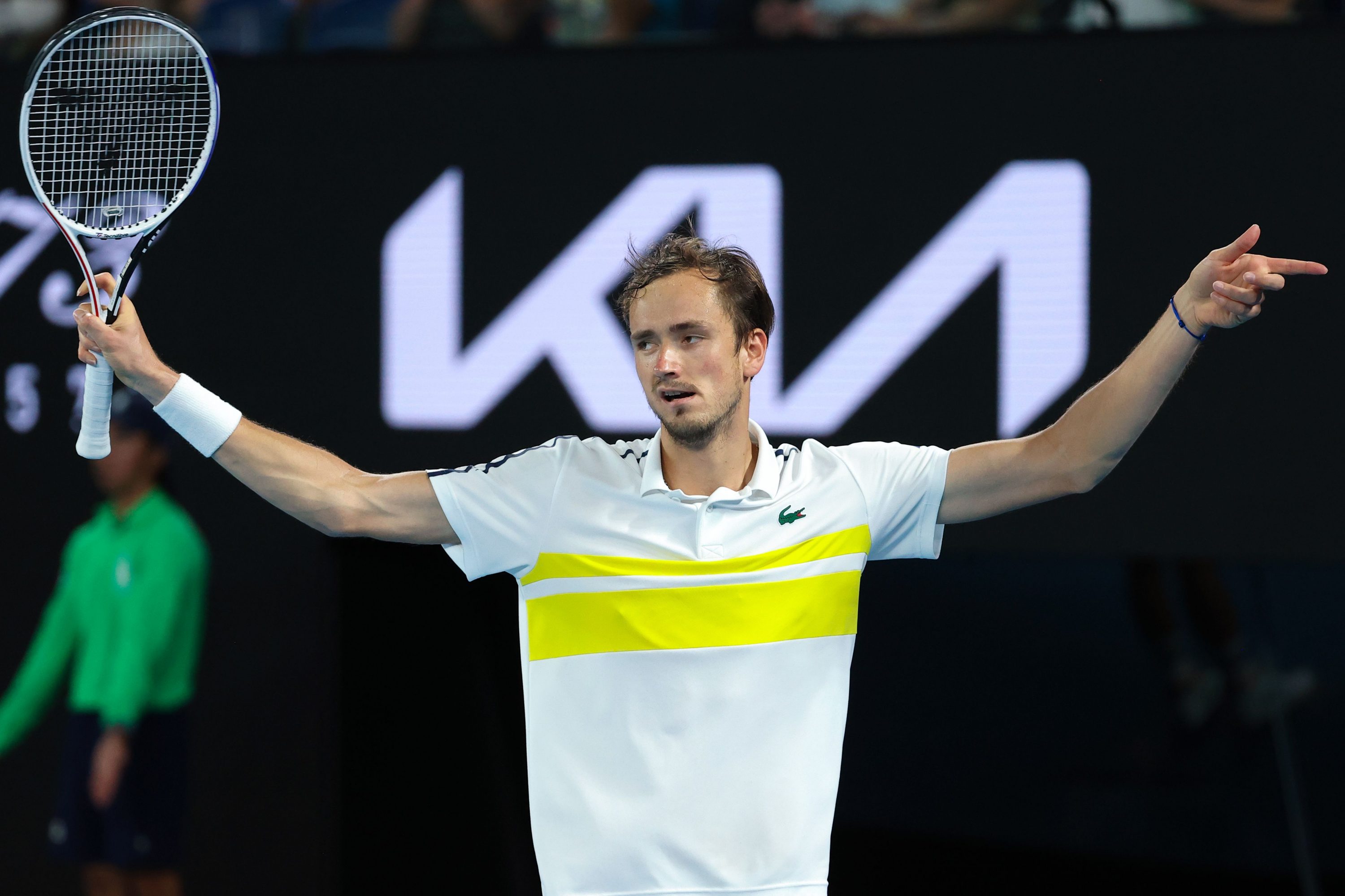 Russia's Daniil Medvedev reacts as he plays against Greece's Stefanos Tsitsipas during their men's singles semi-final match on day twelve of the Australian Open tennis tournament in Melbourne on February 19, 2021.