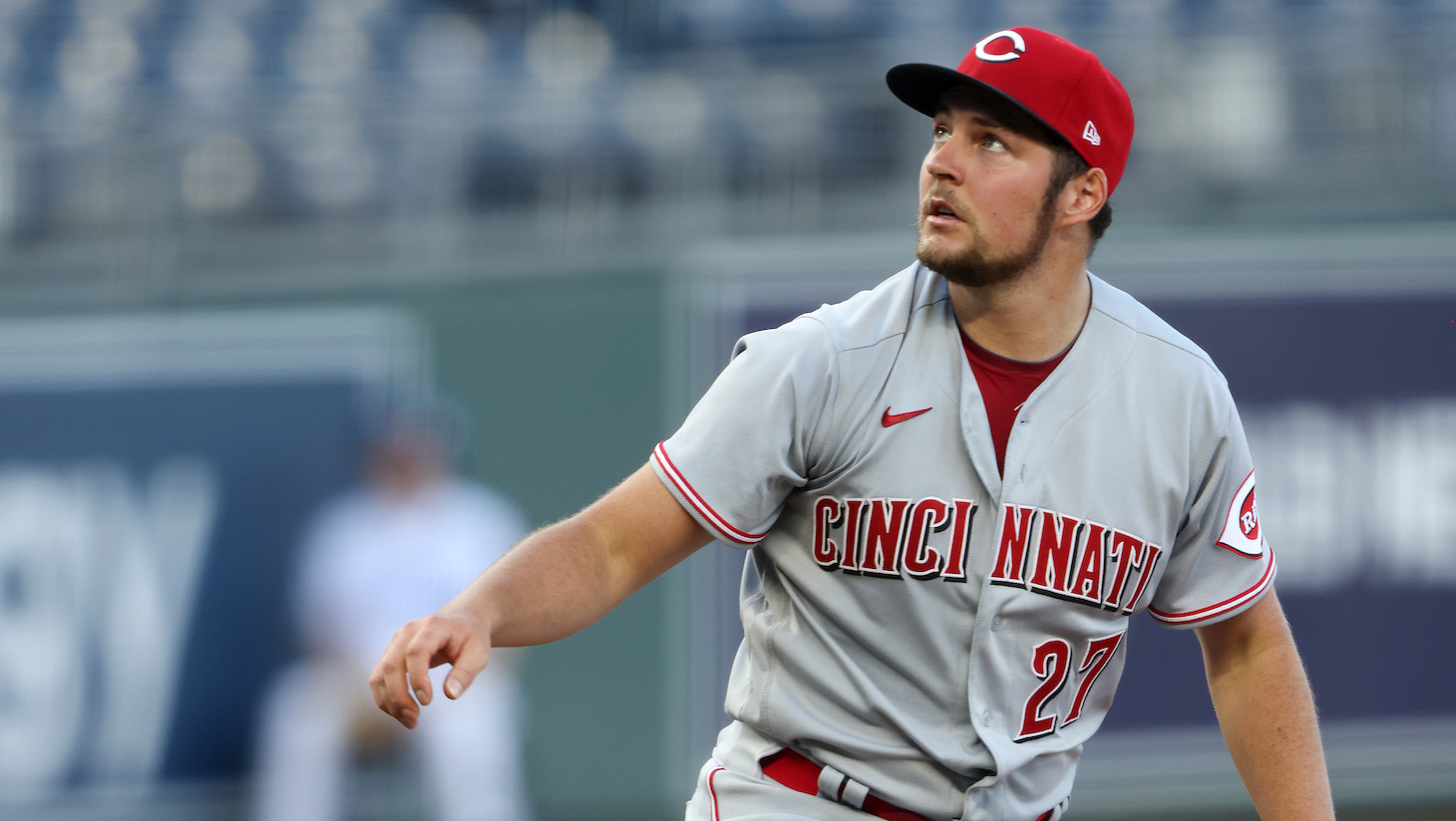 KANSAS CITY, MISSOURI - AUGUST 19: Starting pitcher Trevor Bauer #27 of the Cincinnati Reds pitches during the first inning of game two of a doubleheader against the Kansas City Royals at Kauffman Stadium on August 19, 2020 in Kansas City, Missouri. (Photo by Jamie Squire/Getty Images)