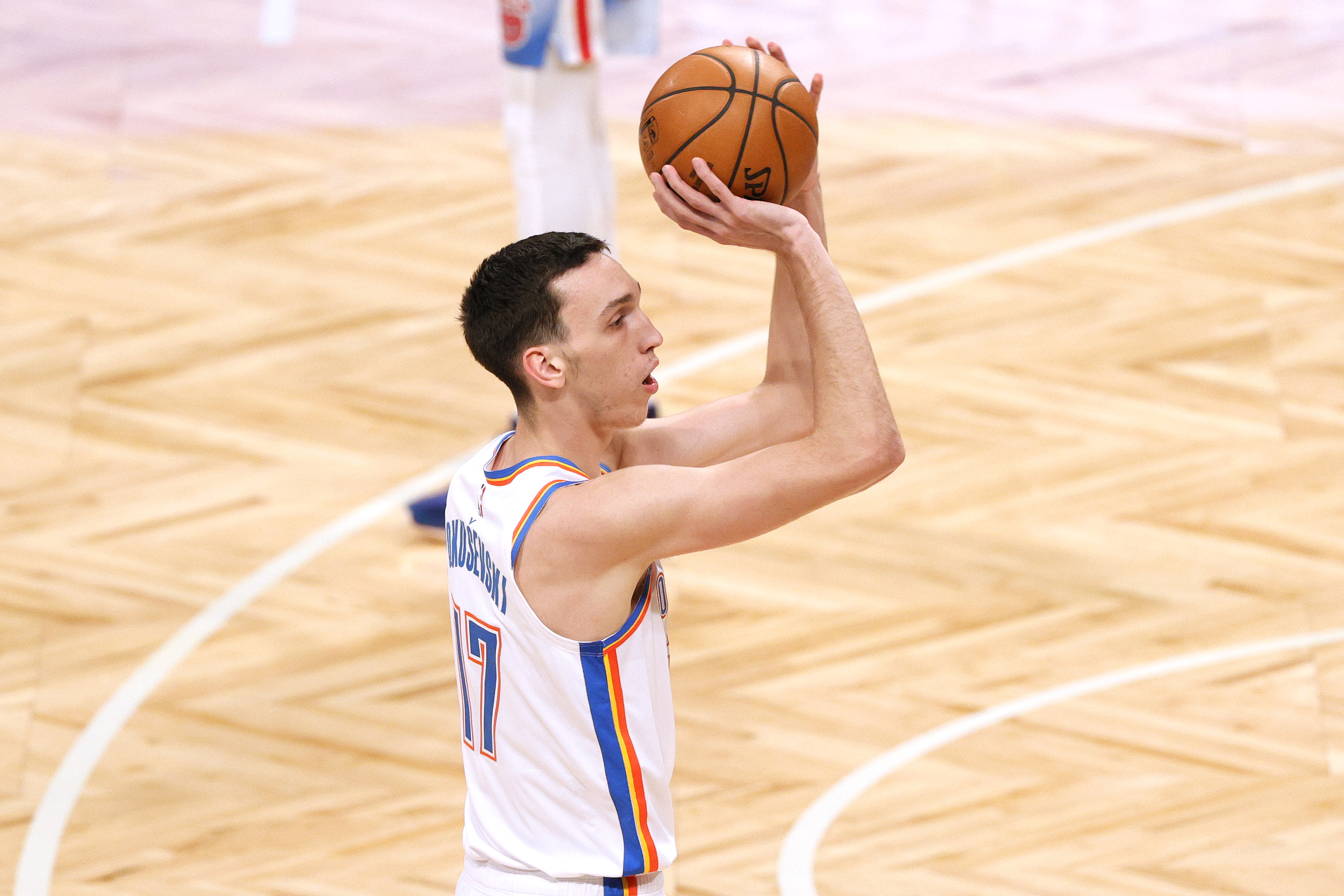 Aleksej Pokusevski attempts a jump shot.