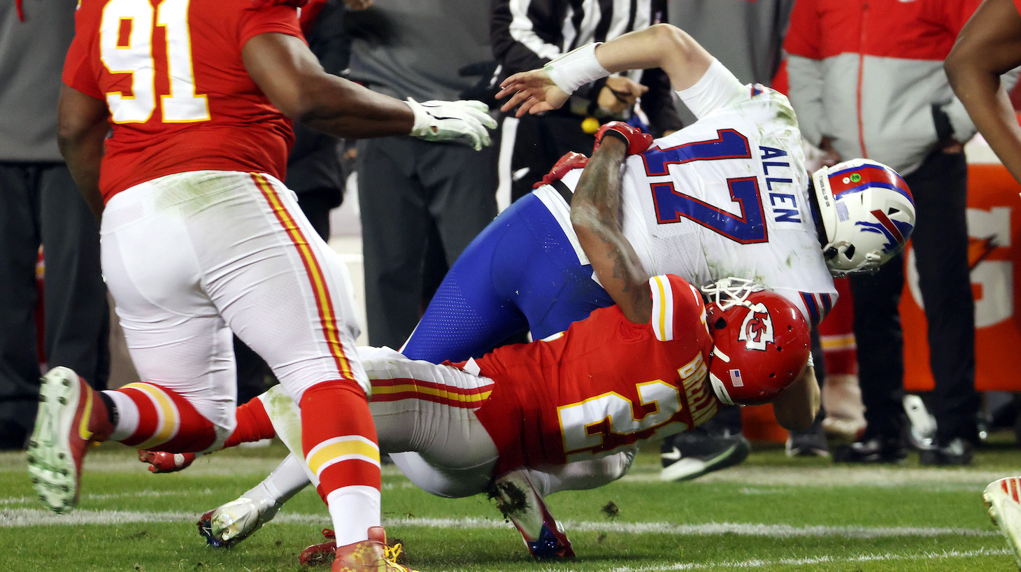 KANSAS CITY, MISSOURI - JANUARY 24: Josh Allen #17 of the Buffalo Bills is tackled by Bashaud Breeland #21 of the Kansas City Chiefs in the third quarter during the AFC Championship game at Arrowhead Stadium on January 24, 2021 in Kansas City, Missouri. (Photo by Jamie Squire/Getty Images)