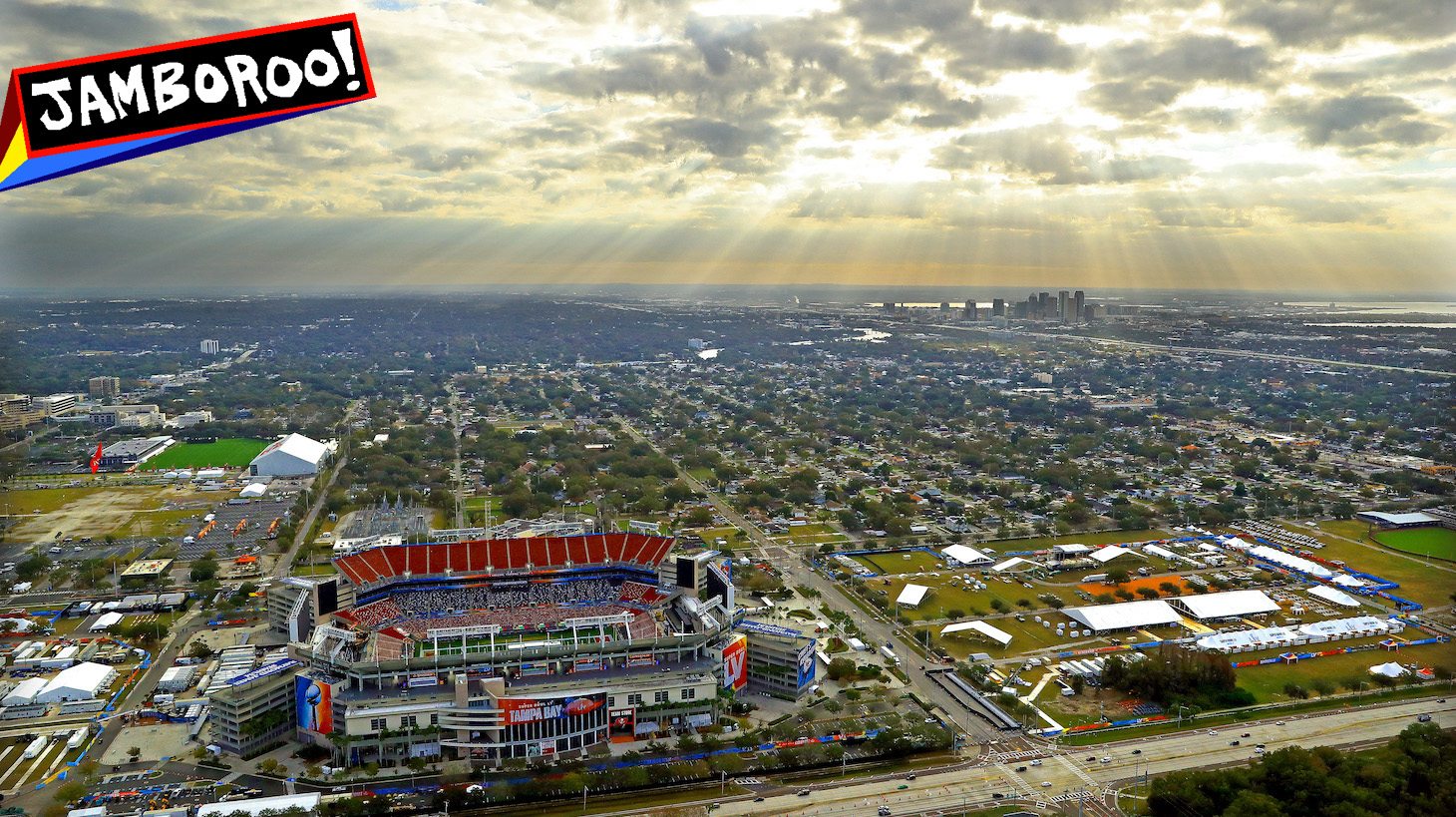 TAMPA, FLORIDA - JANUARY 31: An aerial view of Raymond James Stadium ahead of Super Bowl LV on January 31, 2021 in Tampa, Florida. (Photo by Mike Ehrmann/Getty Images)