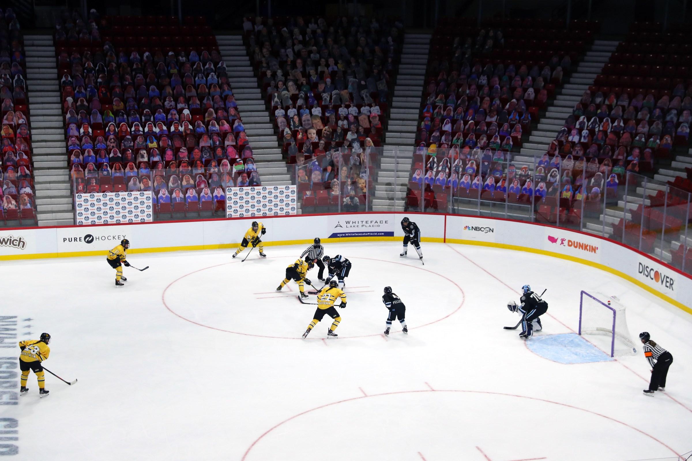 A general view of a face off during the first period of the Isobel Cup Game between the Buffalo Beauts and the Boston Pride at Herb Brooks Arena on February 01, 2021 in Lake Placid, New York.