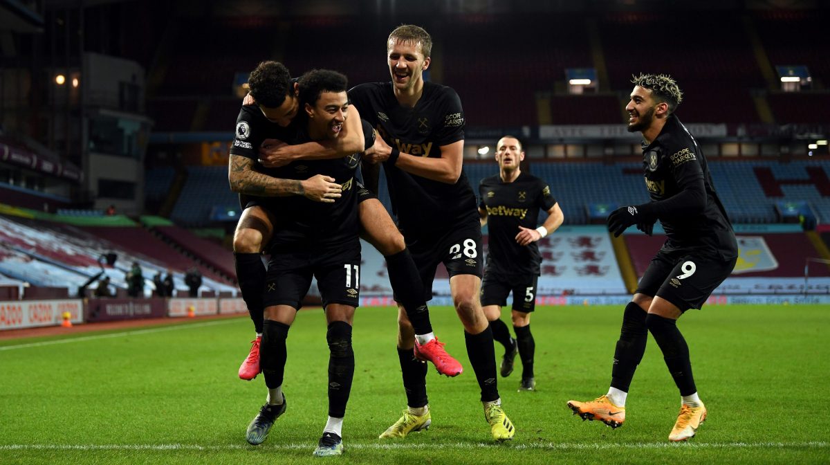 Jesse Lingard of West Ham United is congratulated by team mates Ryan Fredericks, Tomas Soucek and Said Benrahma after scoring his second goal during the Premier League match between Aston Villa and West Ham United at Villa Park on February 03, 2021 in Birmingham, England.