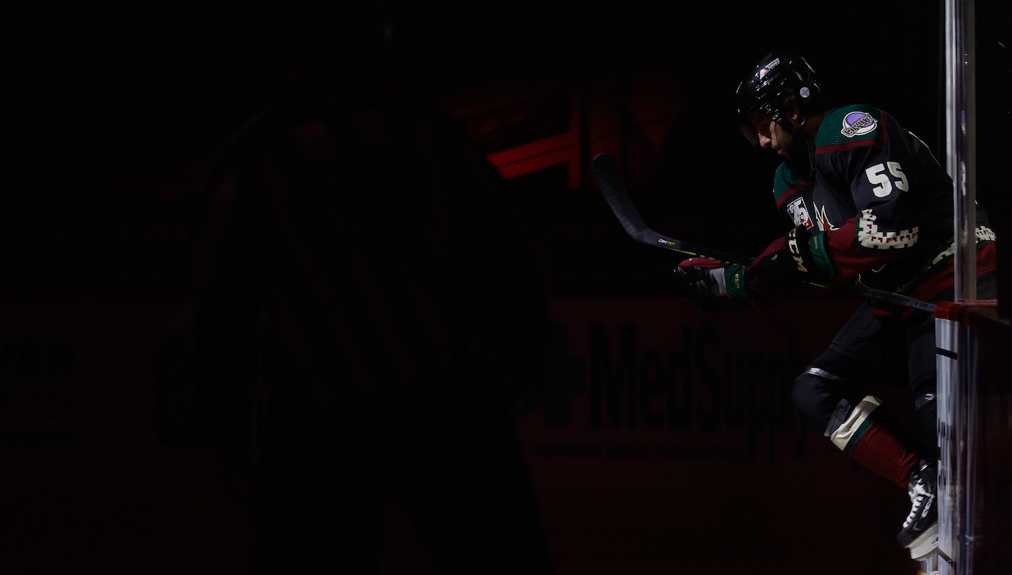 GLENDALE, ARIZONA - FEBRUARY 15: Jason Demers #55 of the Arizona Coyotes skates onto the ice before the start of the NHL game against the St. Louis Blues at Gila River Arena on February 15, 2021 in Glendale, Arizona. (Photo by Christian Petersen/Getty Images)