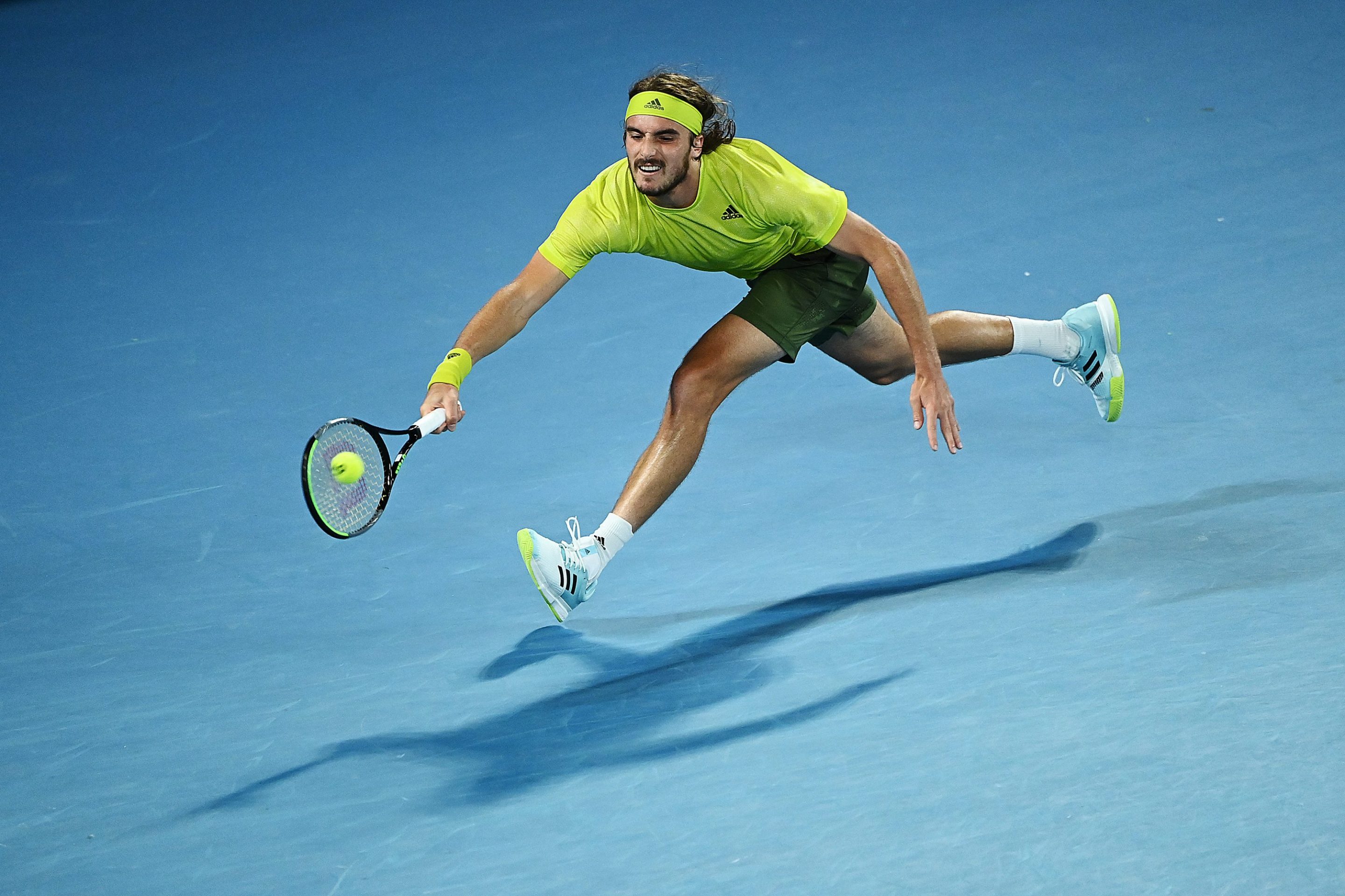 Stefanos Tsitsipas of Greece plays a forehand during his Men’s Singles Quarterfinals match against Rafael Nadal of Spain during day 10 of the 2021 Australian Open at Melbourne Park on February 17, 2021 in Melbourne, Australia.