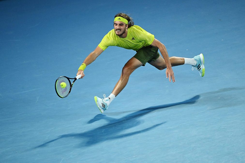 Stefanos Tsitsipas of Greece plays a forehand during his Men’s Singles Quarterfinals match against Rafael Nadal of Spain during day 10 of the 2021 Australian Open at Melbourne Park on February 17, 2021 in Melbourne, Australia.