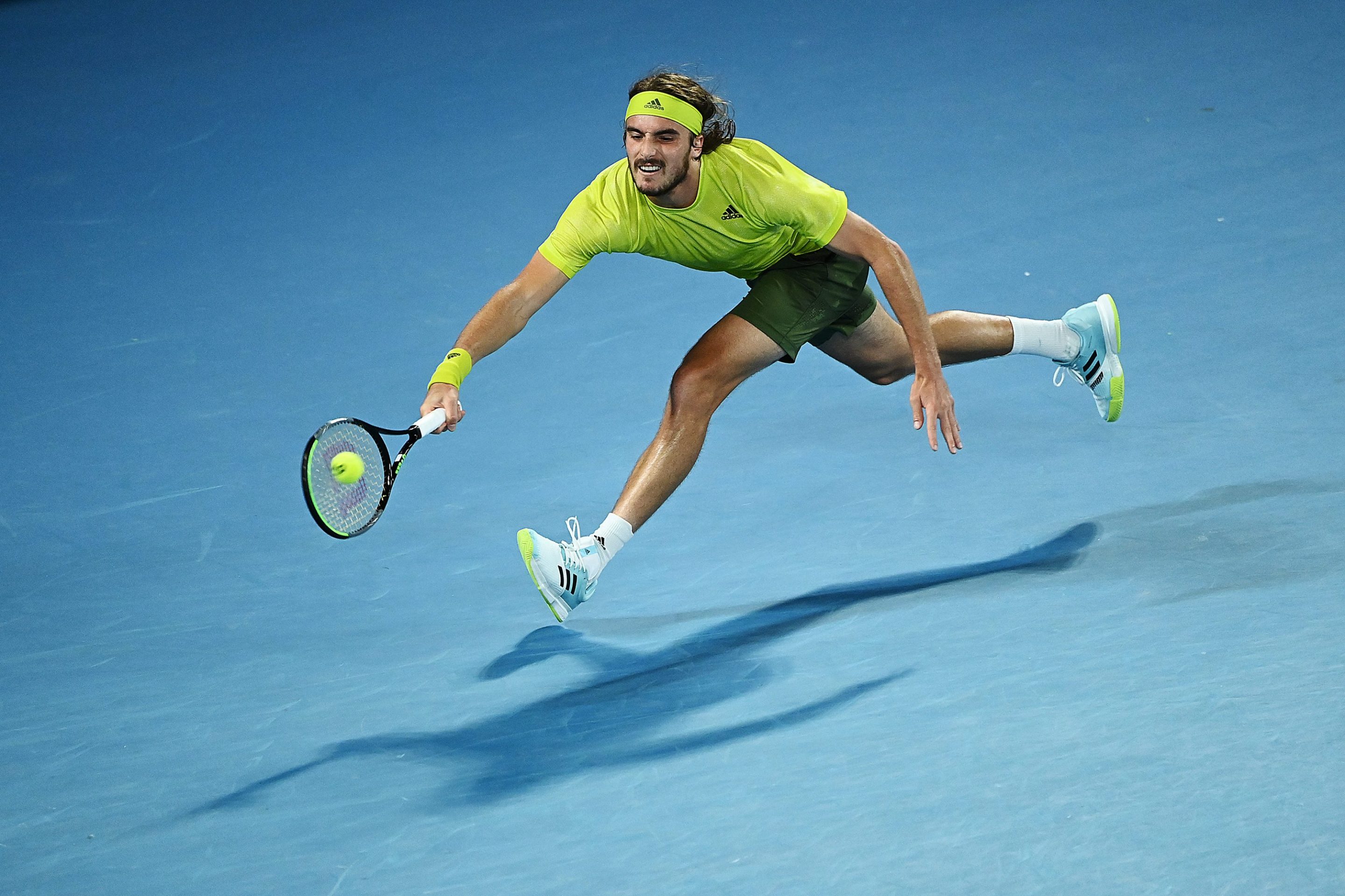 Stefanos Tsitsipas of Greece plays a forehand during his Men’s Singles Quarterfinals match against Rafael Nadal of Spain during day 10 of the 2021 Australian Open at Melbourne Park on February 17, 2021 in Melbourne, Australia.