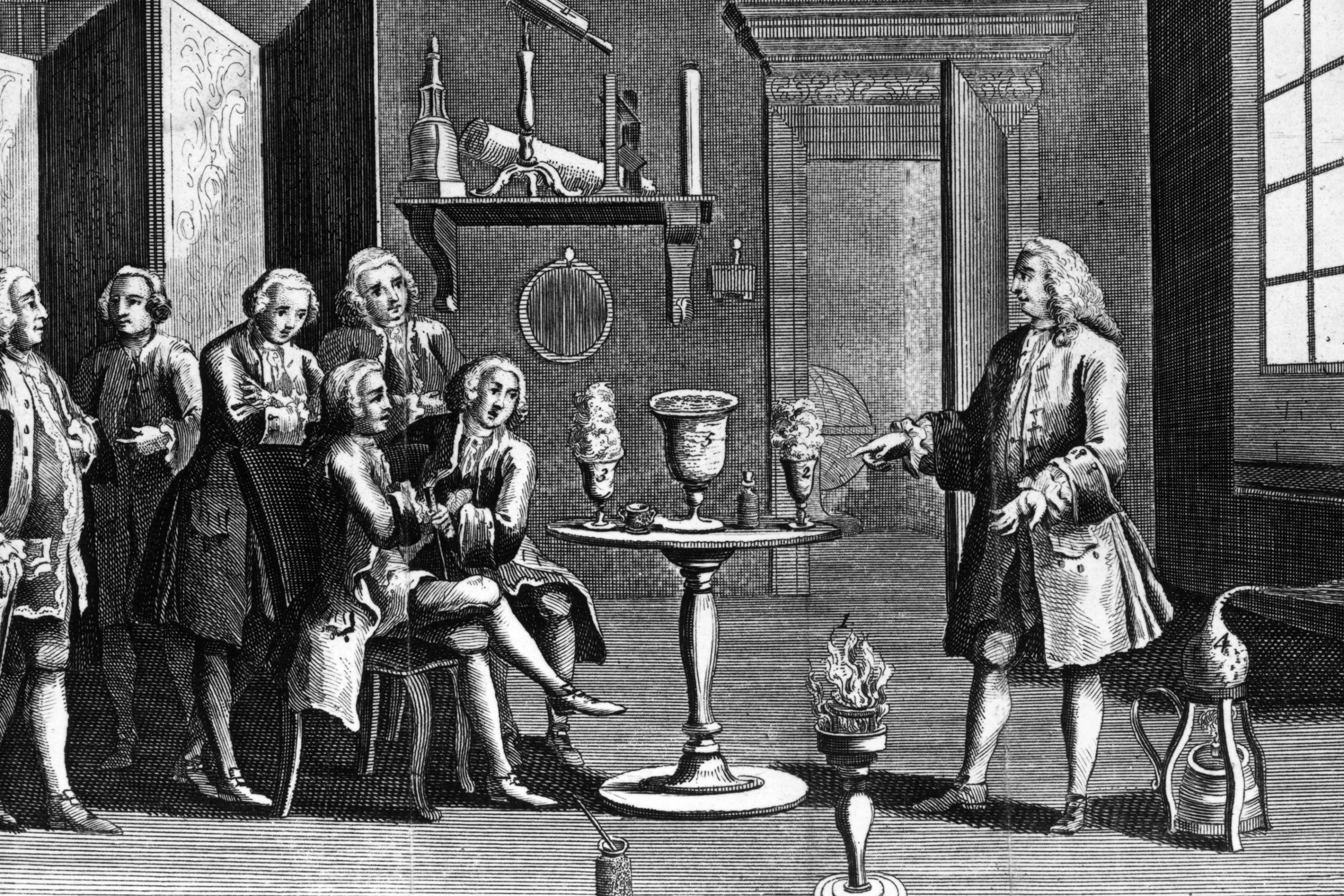 1748, A scientist demonstrates an electrical experiment at a meeting of a scientific society in London. (Photo by MPI/Getty Images)