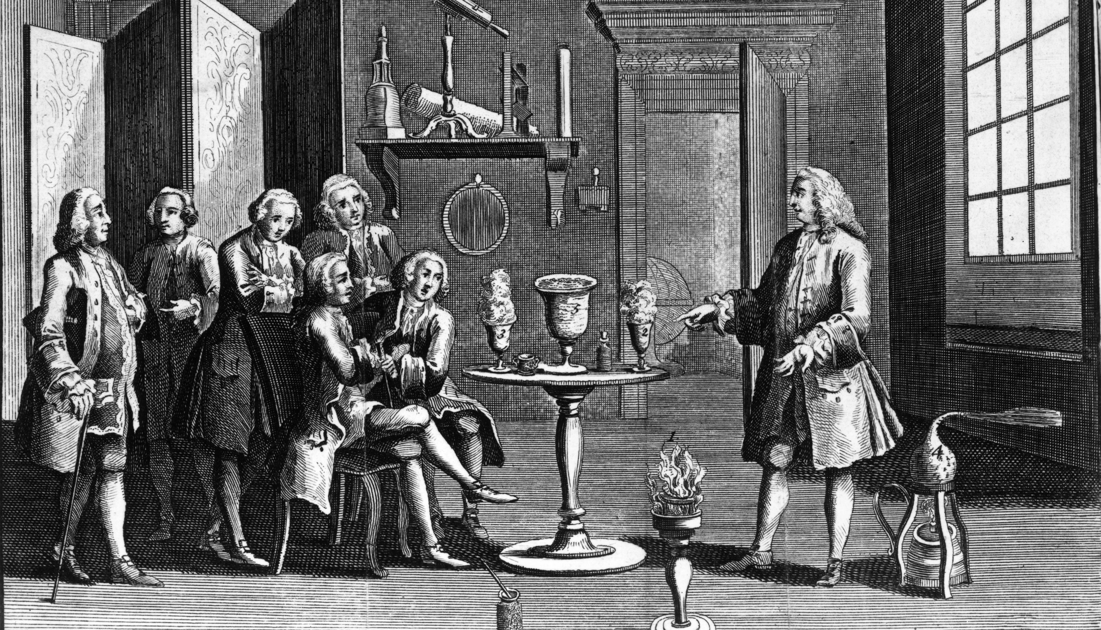 1748, A scientist demonstrates an electrical experiment at a meeting of a scientific society in London. (Photo by MPI/Getty Images)