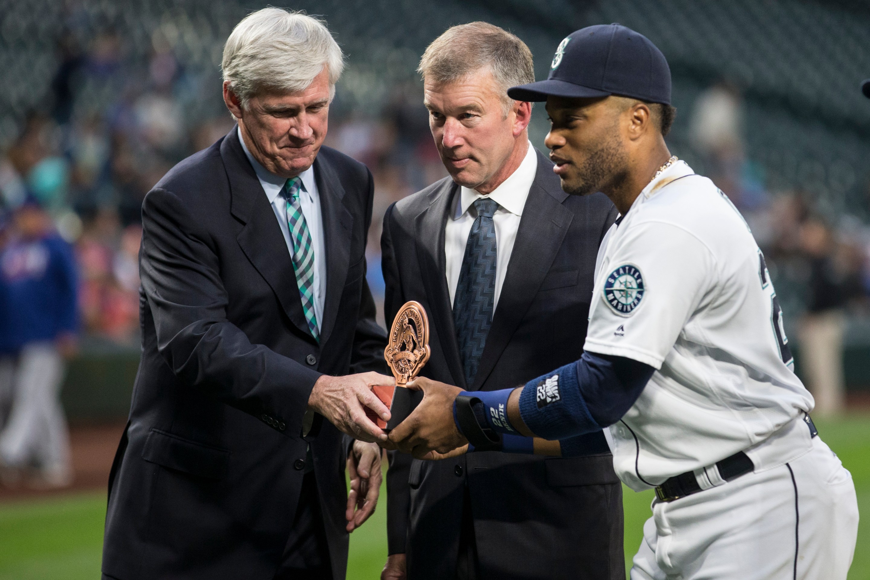Former Mariners CEO Kevin Mather with owner John Stanton and Robinson Cano