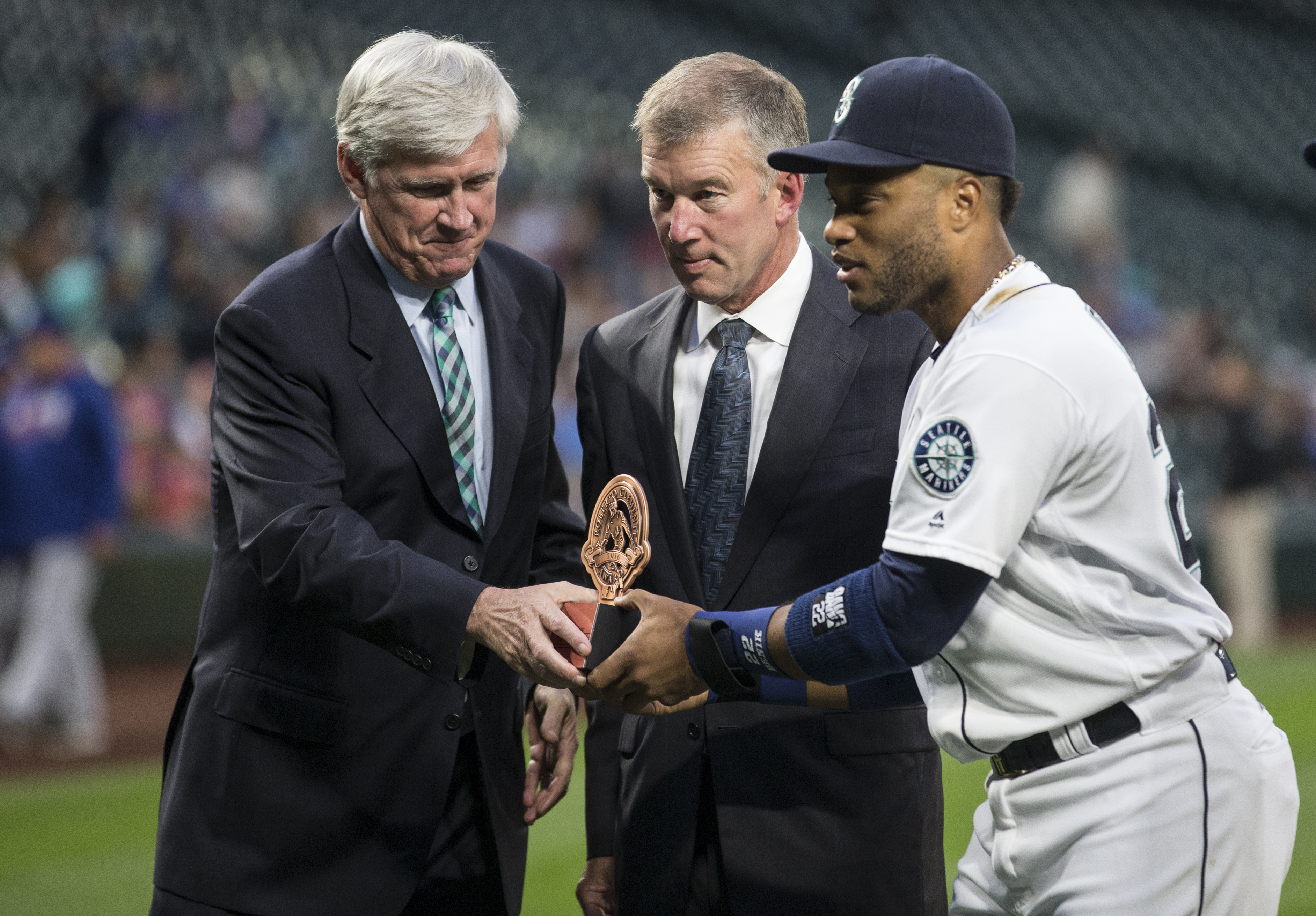 Former Mariners CEO Kevin Mather with owner John Stanton and Robinson Cano