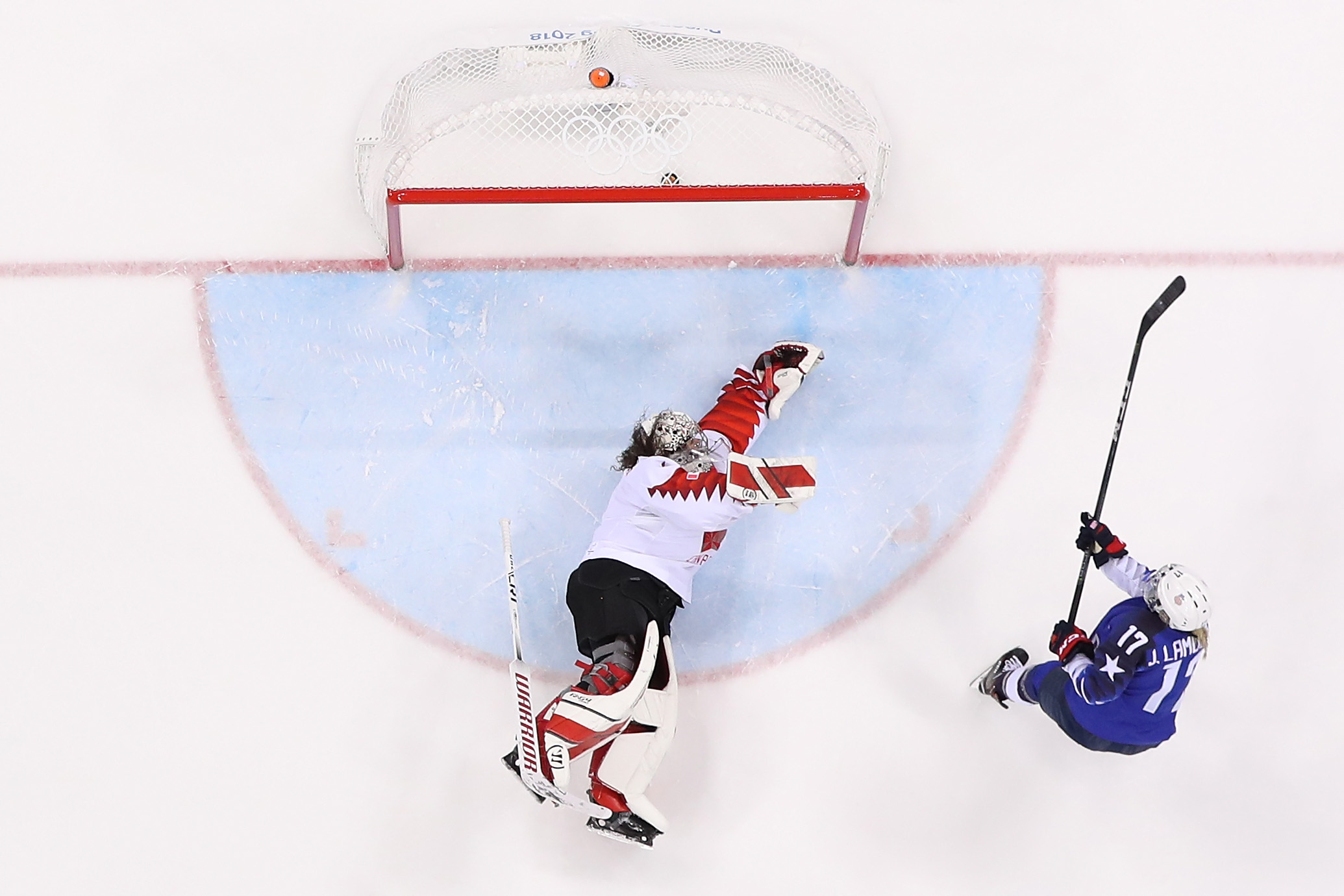 Jocelyne Lamoureux #17 of the United States scores a goal against Shannon Szabados #1 of Canada in a shootout to win the Women's Gold Medal Game on day thirteen of the PyeongChang 2018 Winter Olympic Games at Gangneung Hockey Centre on February 22, 2018 in Gangneung, South Korea.