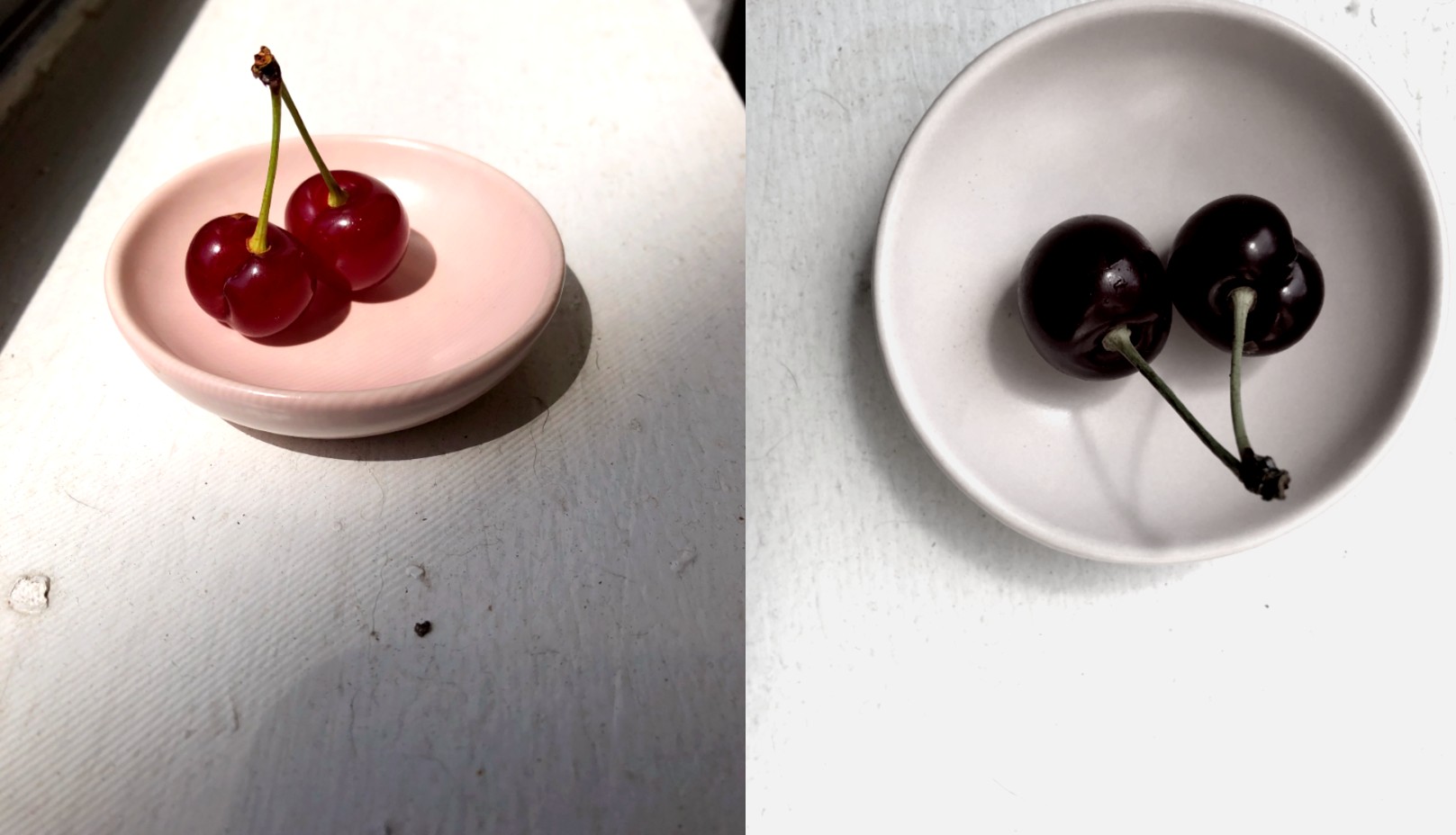 two images of cherries on a small plate: one in color and one desaturated