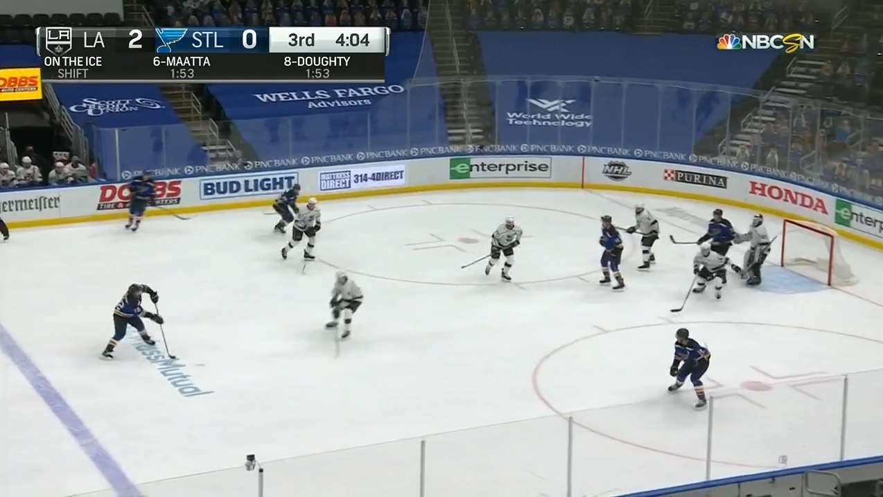Screenshot of ice during Blues/Kings game from 2/24/21