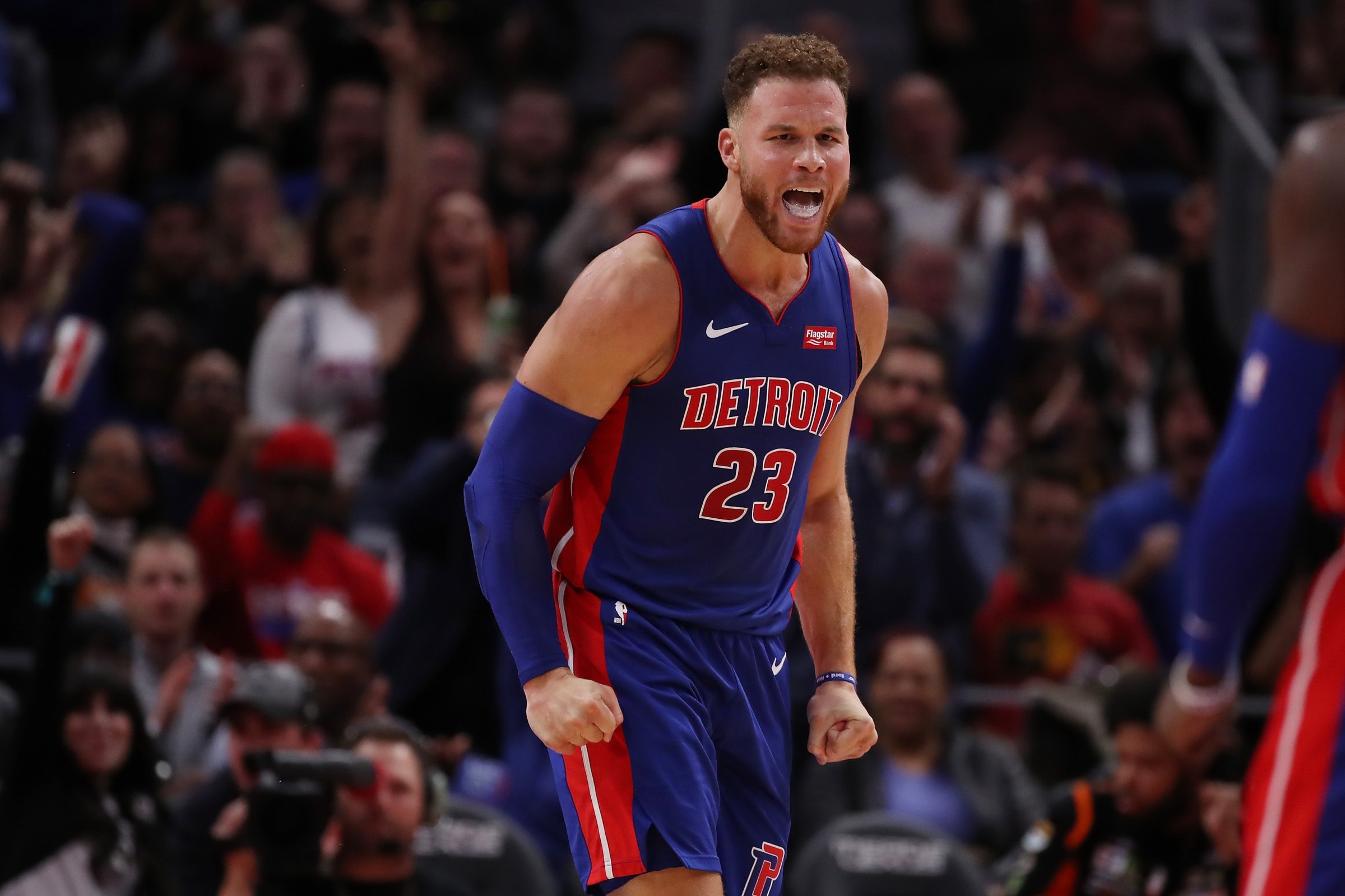 Blake Griffin #23 of the Detroit Pistons reacts to a fourth quarter play while playing the Brooklyn Nets during the home opener at Little Caesars Arena on October 17, 2018 in Detroit, Michigan.