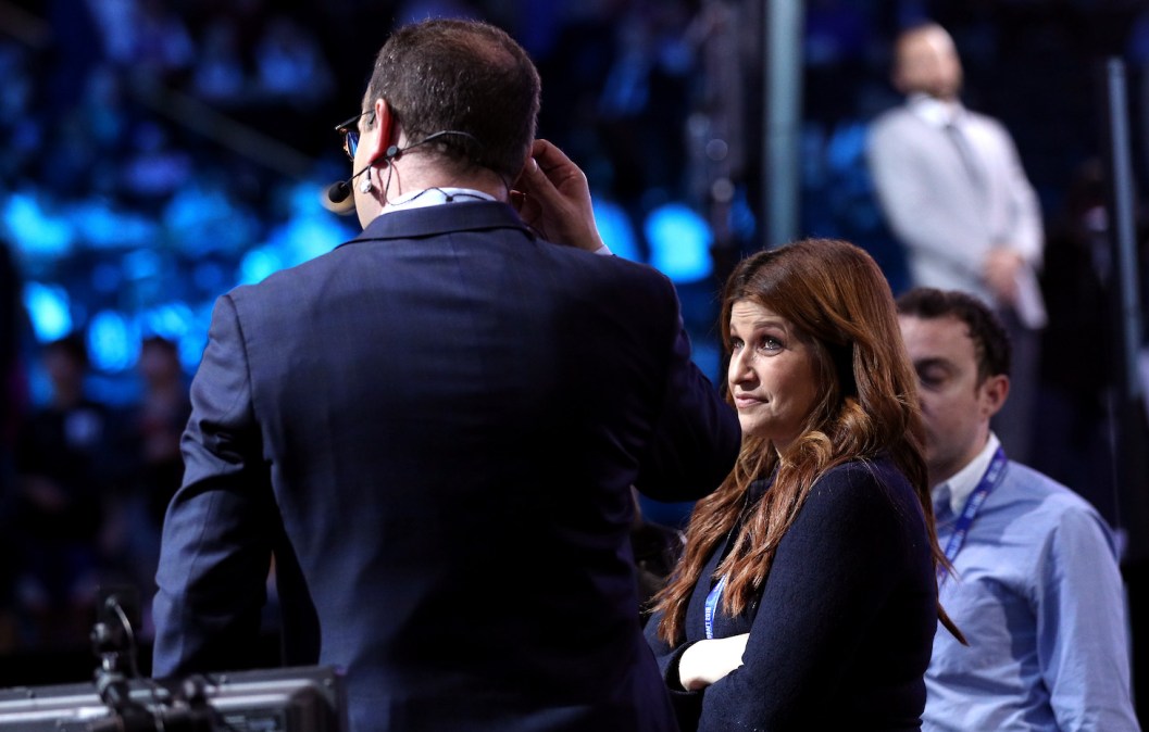 NEW YORK, NEW YORK - JUNE 20: Reporters Rachel Nichols and Adrian Wojnarowski speak before the start of the 2019 NBA Draft at the Barclays Center on June 20, 2019 in the Brooklyn borough of New York City. NOTE TO USER: User expressly acknowledges and agrees that, by downloading and or using this photograph, User is consenting to the terms and conditions of the Getty Images License Agreement. (Photo by Mike Lawrie/Getty Images)
