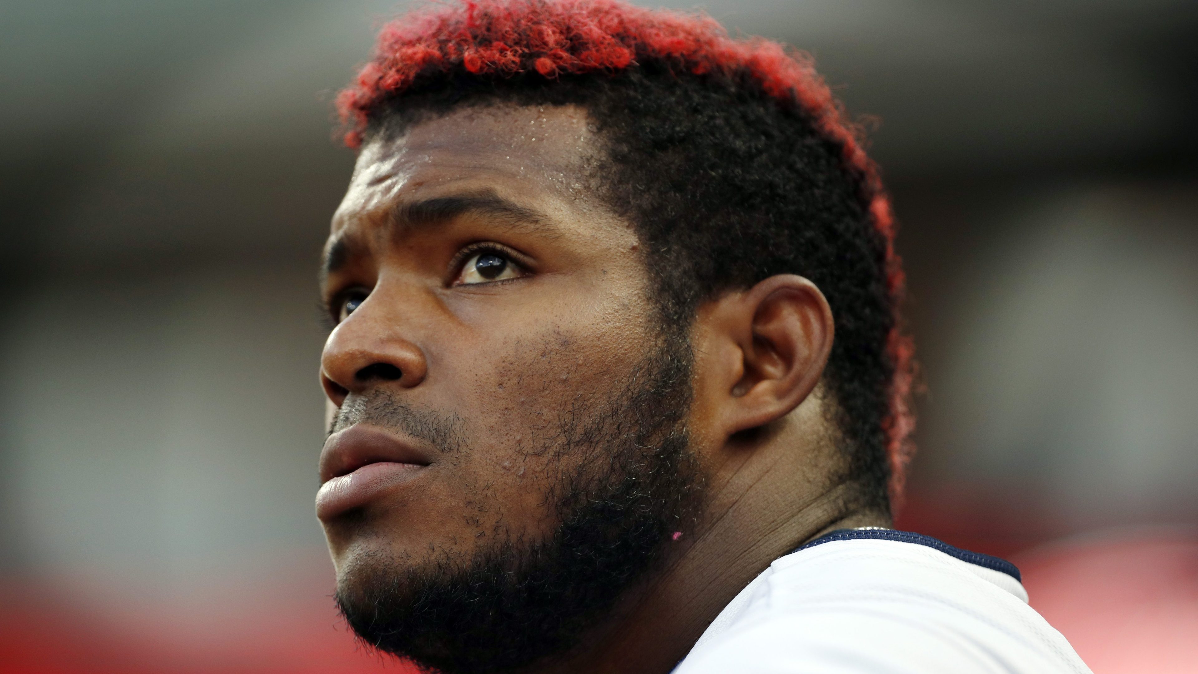 A close up of baseball player Yasiel Puig