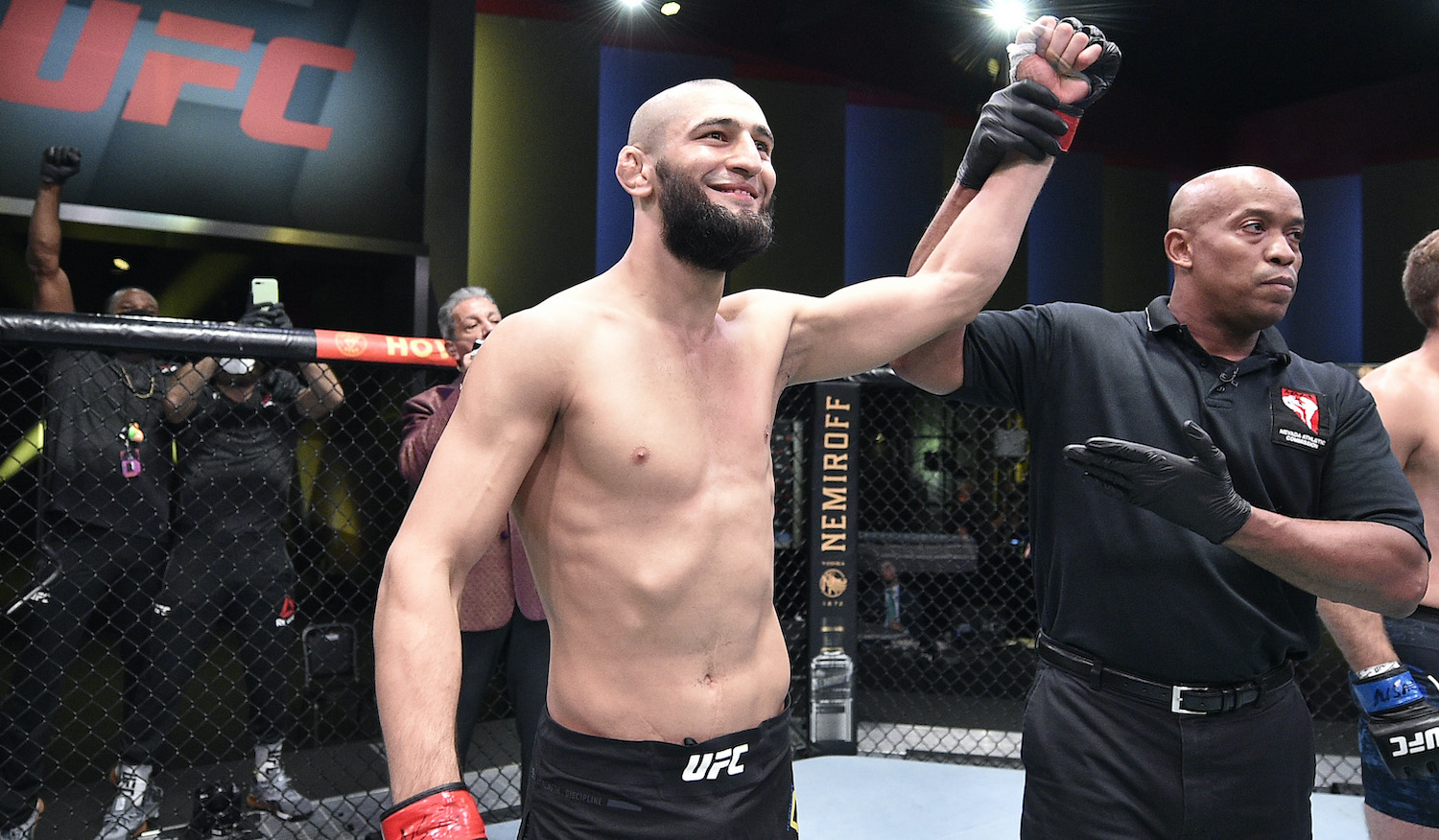 LAS VEGAS, NEVADA - SEPTEMBER 19: In this handout image provided by UFC, Khamzat Chimaev of Chechnya celebrates after his knockout victory over Gerald Meerschaert in their middleweight bout during the UFC Fight Night event at UFC APEX on September 19, 2020 in Las Vegas, Nevada. (Photo by Chris Unger/Zuffa LLC via Getty Images)