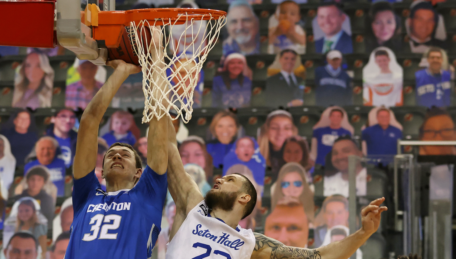 NEWARK, NJ - JANUARY 27: Sandro Mamukelashvili #23 of the Seton Hall Pirates blocks a shot by Ryan Kalkbrenner #32 of the Creighton Bluejays during the first half of an NCAA college basketball game at Prudential Center on January 27, 2021 in Newark, New Jersey. (Photo by Rich Schultz/Getty Images)